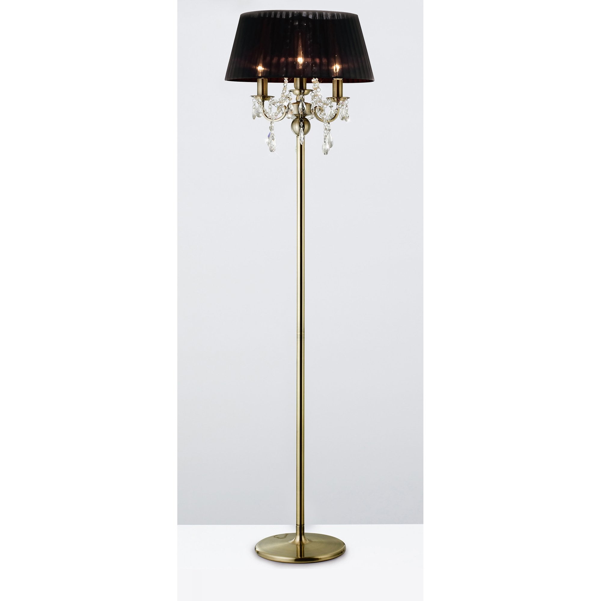 Diyas IL30066 Olivia Floor Lamp With Black Shade 3 Light Antique Brass/Crystal