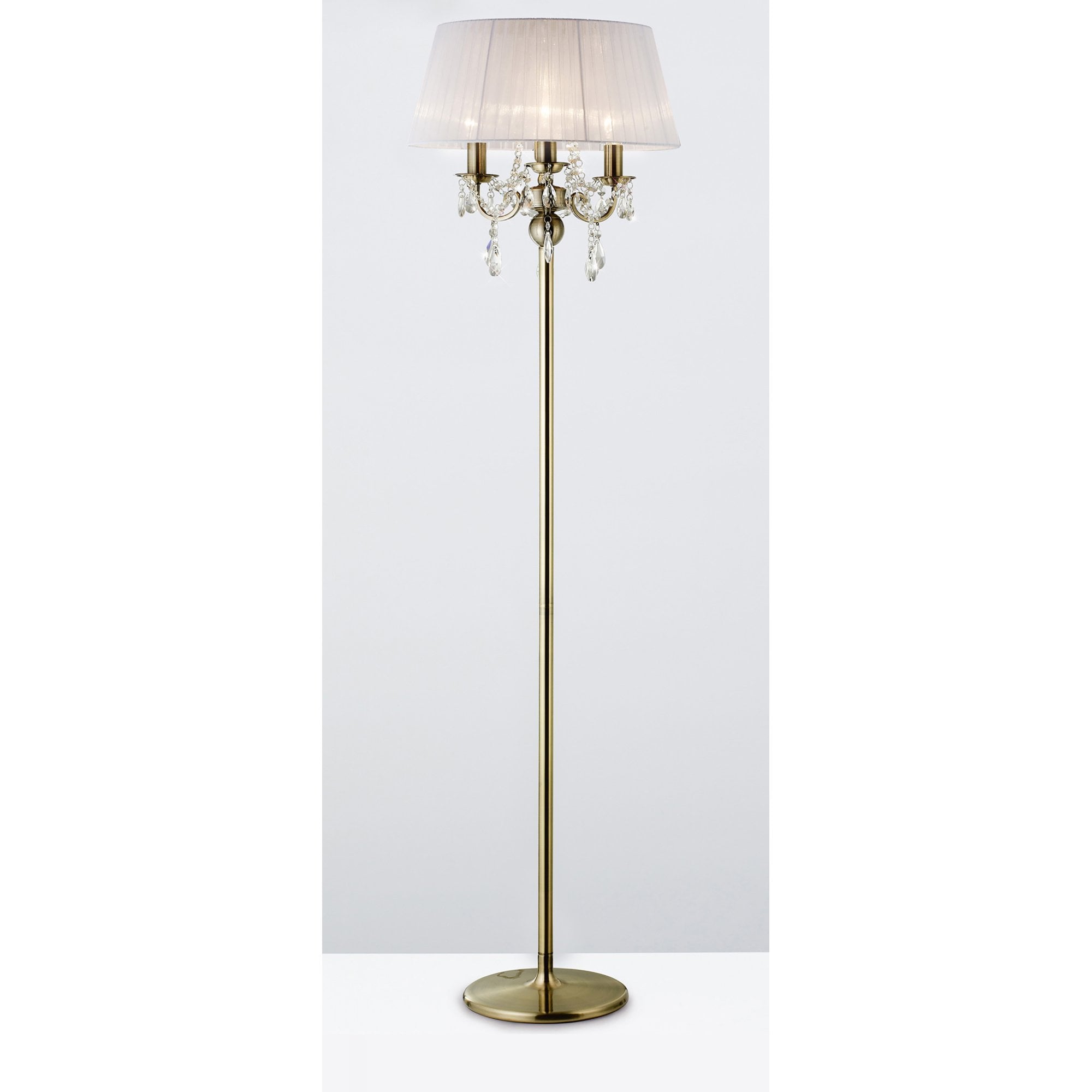 Diyas IL30066 Olivia Floor Lamp With White Shade 3 Light Antique Brass/Crystal
