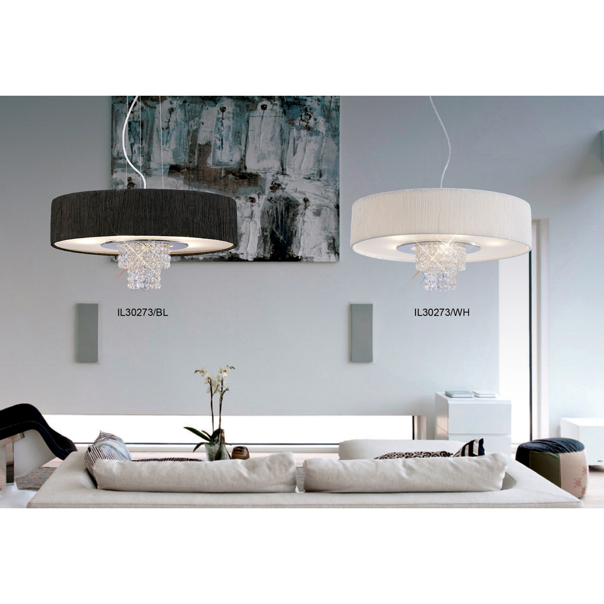Diyas IL30273/WH Nerissa Pendant With White Shade 6 Light Polished Chrome/Crystal