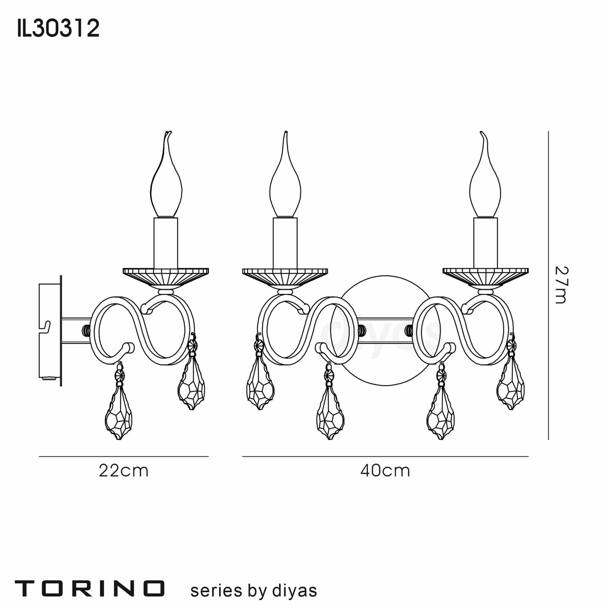 Diyas IL30312 Torino Wall Light Switched 2 Light Polished Chrome/Crystal