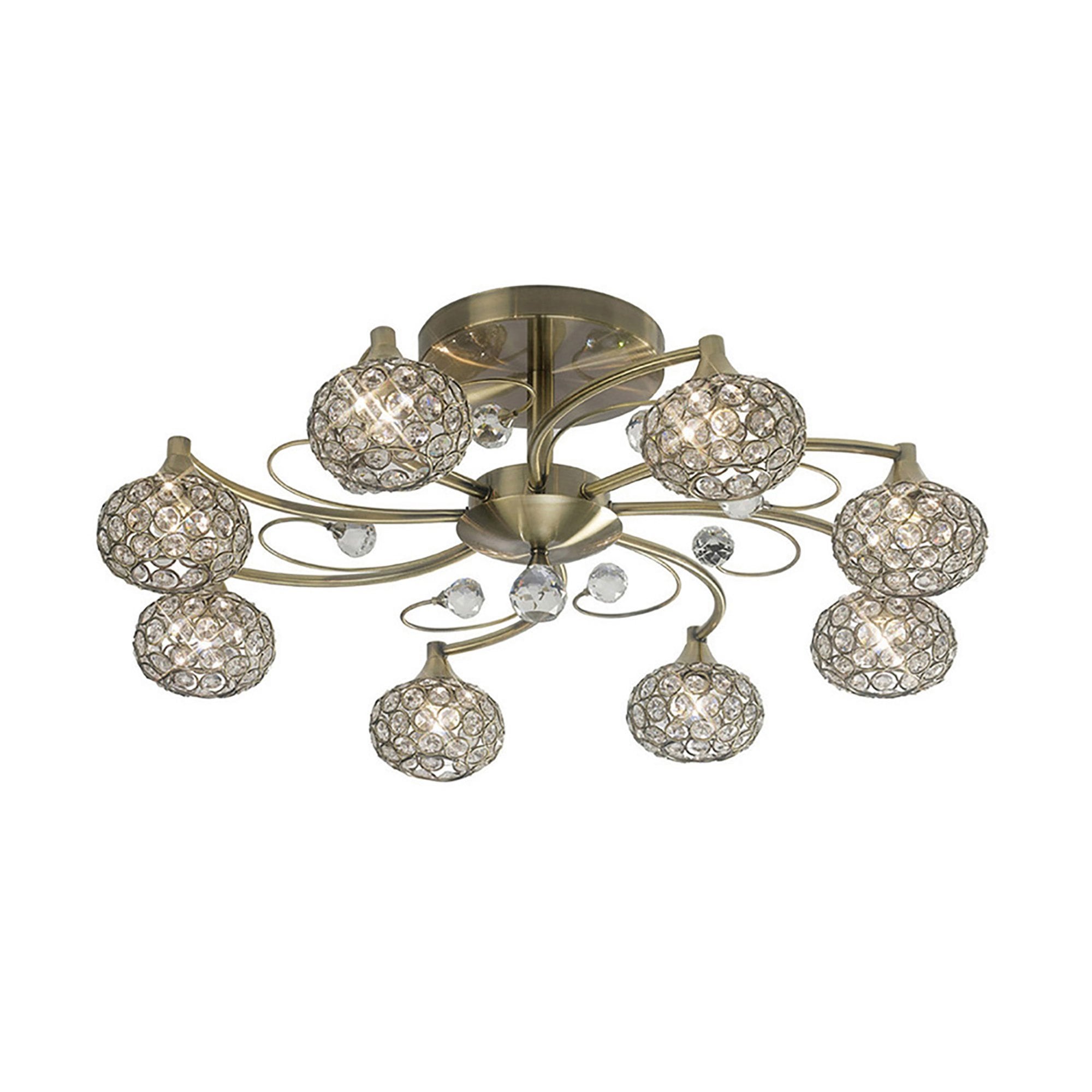 Diyas IL30948 Cara Semi Ceiling 8 Light Antique Brass/Crystal