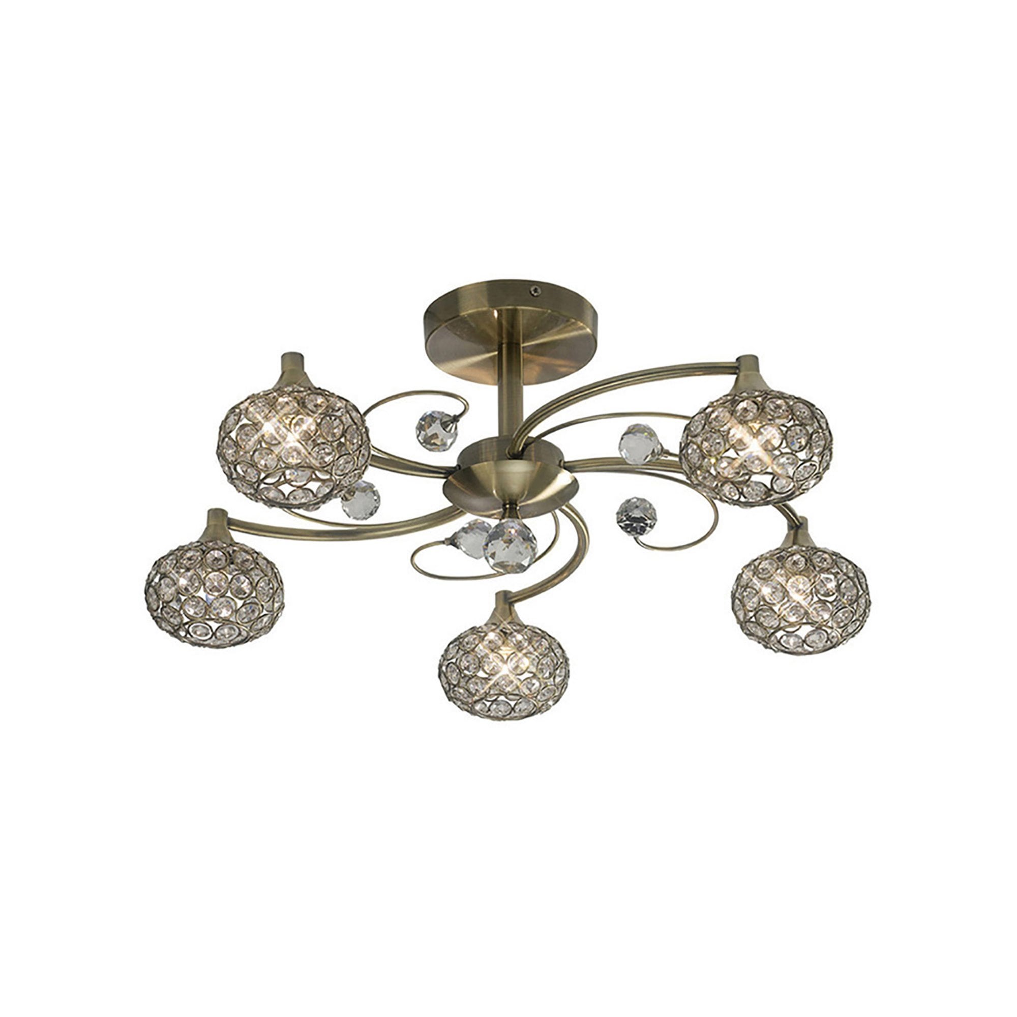 Diyas IL30945 Cara Semi Ceiling 5 Light Antique Brass/Crystal