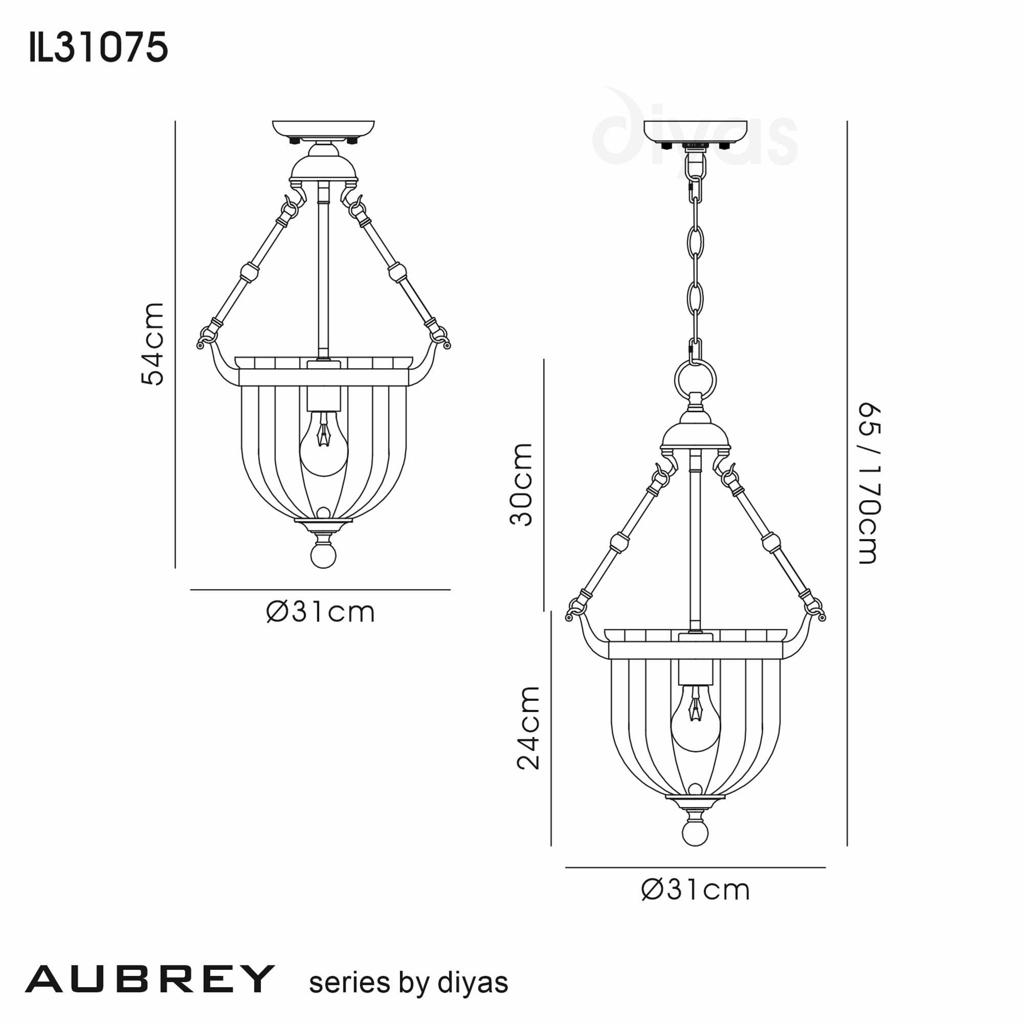 Diyas IL31075 Aubrey Pendant 1 Light Antique Brass/Glass
