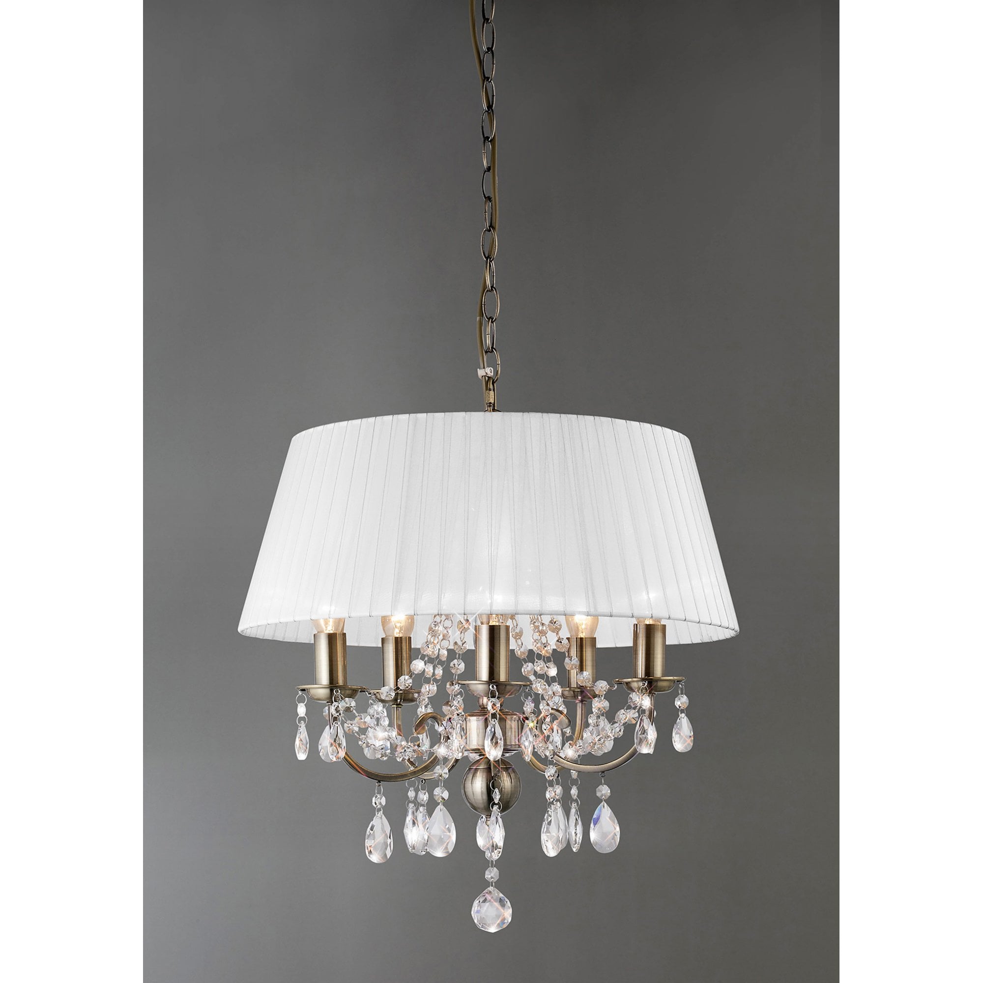 Diyas IL30047 Olivia Pendant With White Shade 5 Light Antique Brass/Crystal