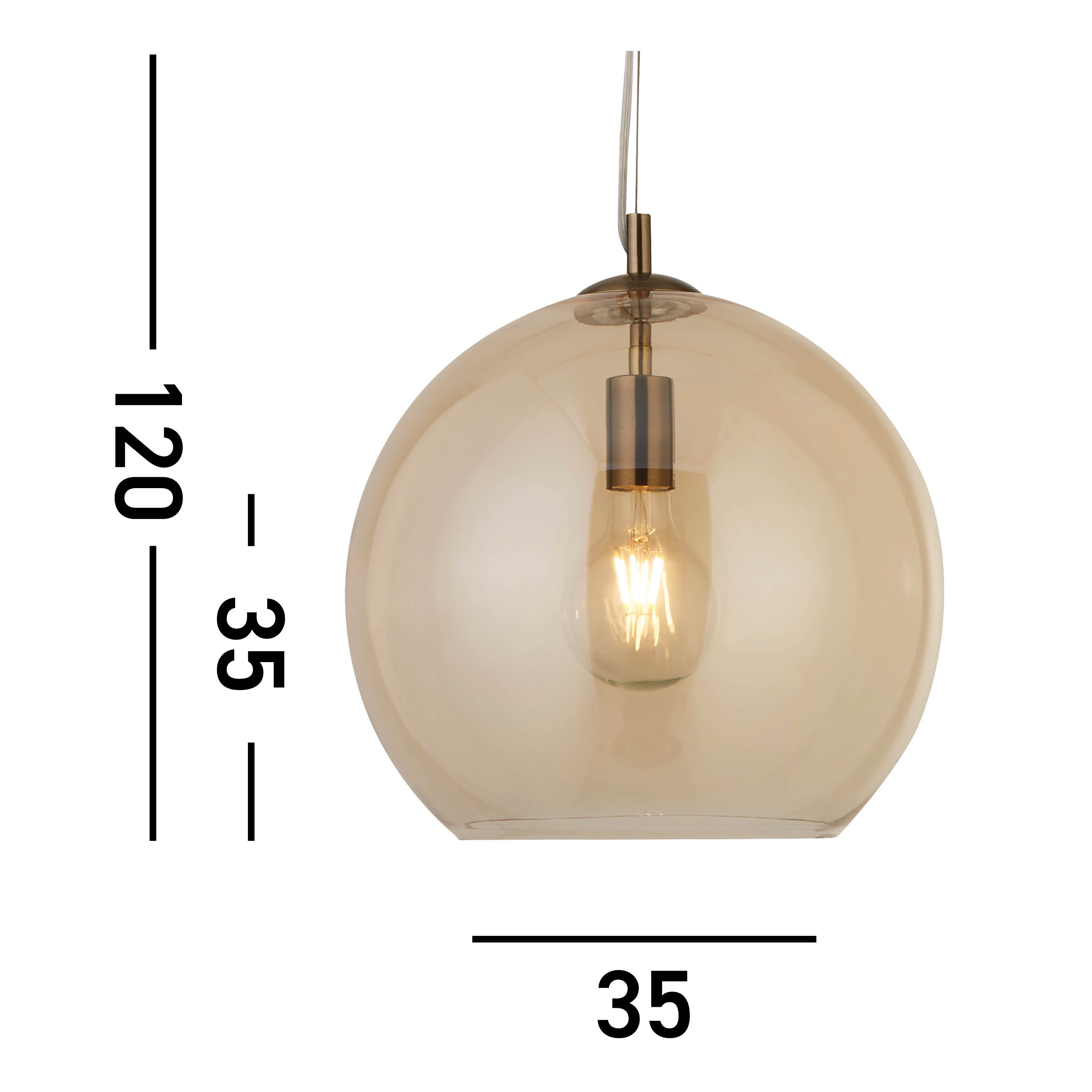 Searchlight Baines Single Round Pendant (35cm Diameter), Amber Glass, Antique Brass