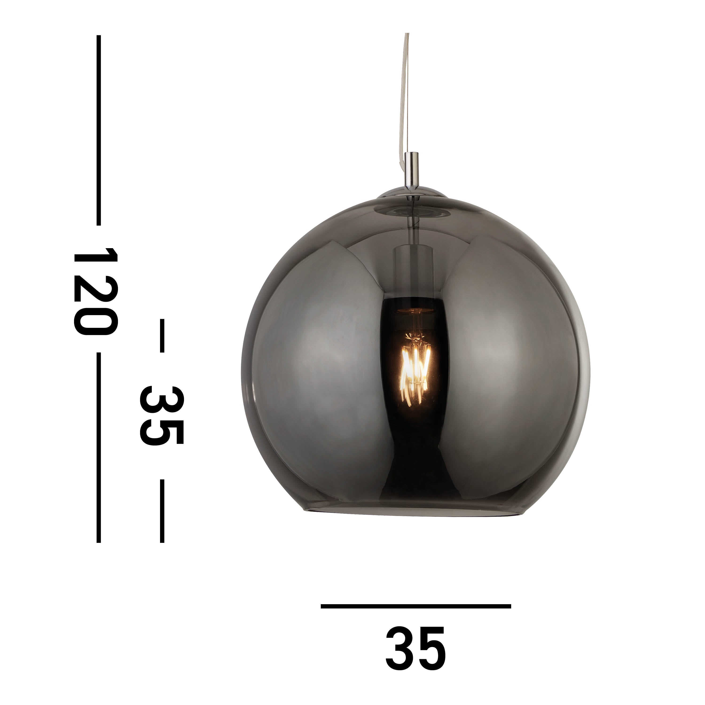 Searchlight Baines Single Round Pendant (35cm Diameter), Smoked Glass, Chrome