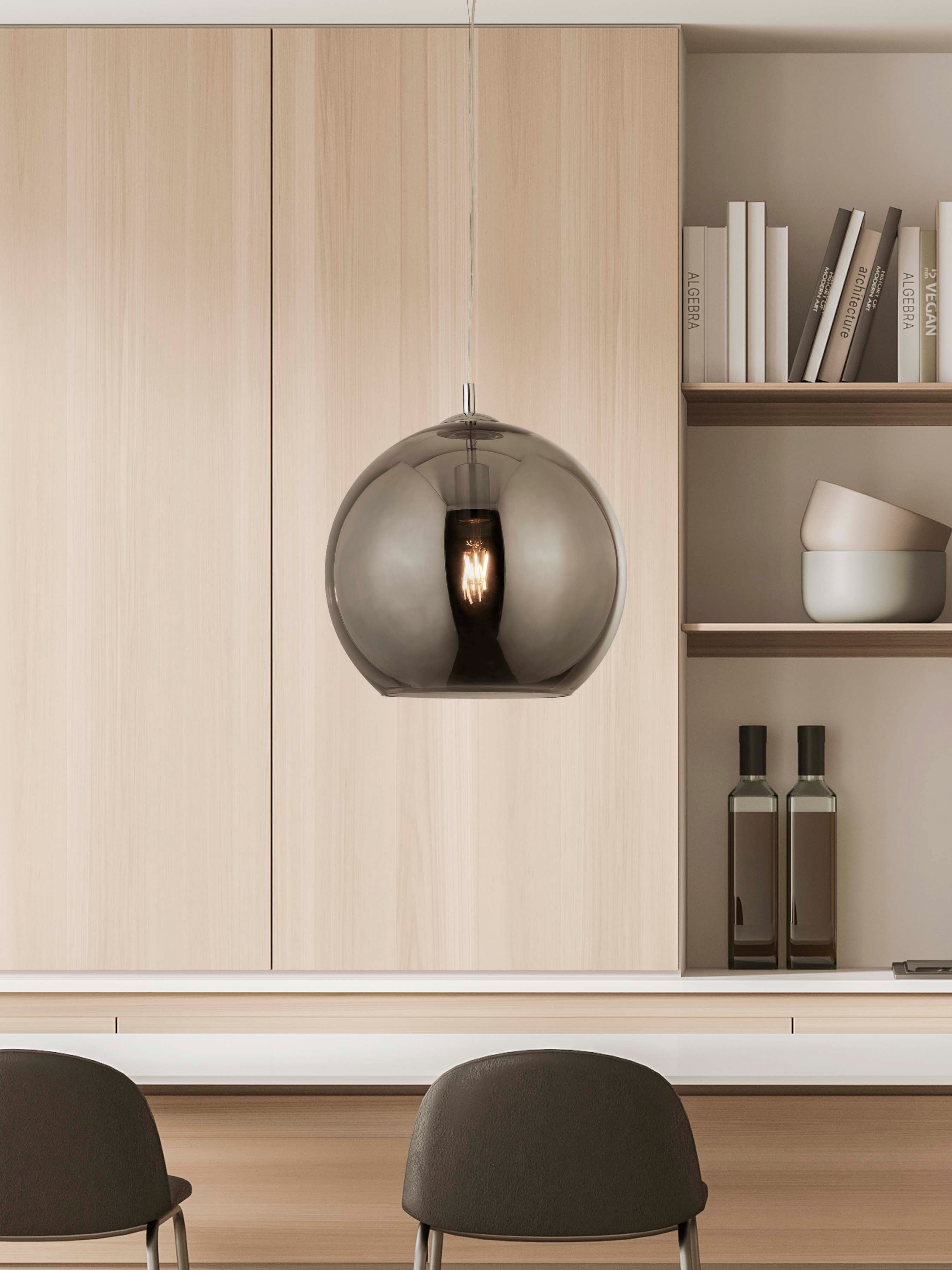 Searchlight Baines Single Round Pendant (35cm Diameter), Smoked Glass, Chrome