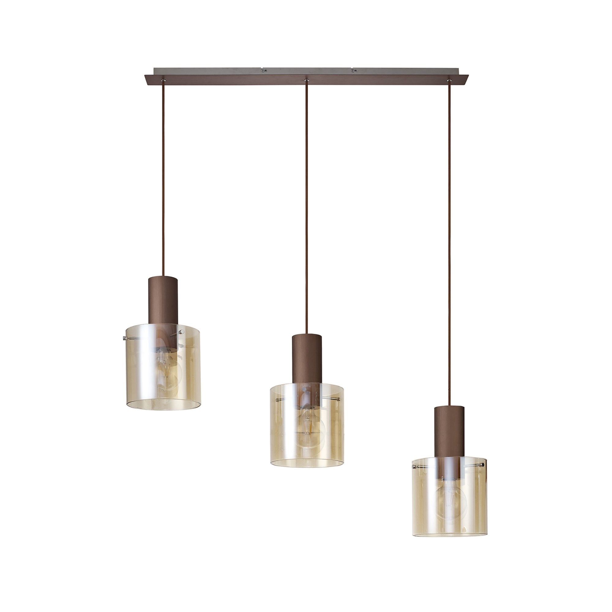 Fabula Kendon Adjustable 3 Light Linear Pendant - Mocha & Amber Glass