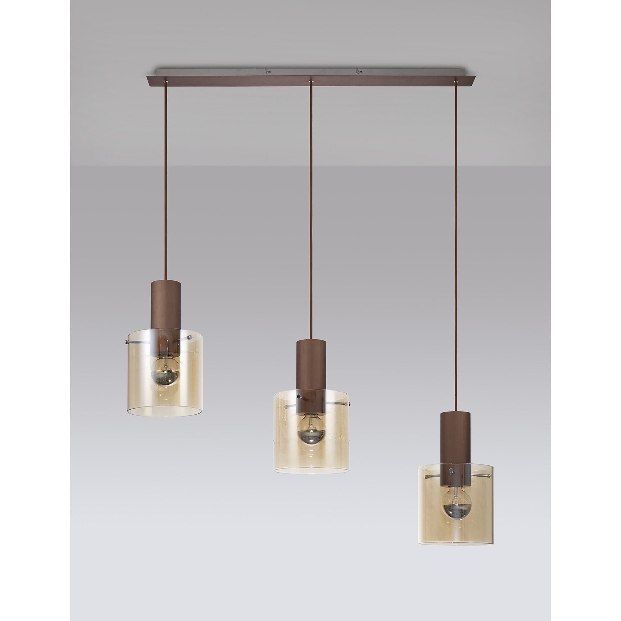 Fabula Kendon Adjustable 3 Light Linear Pendant - Mocha & Amber Glass