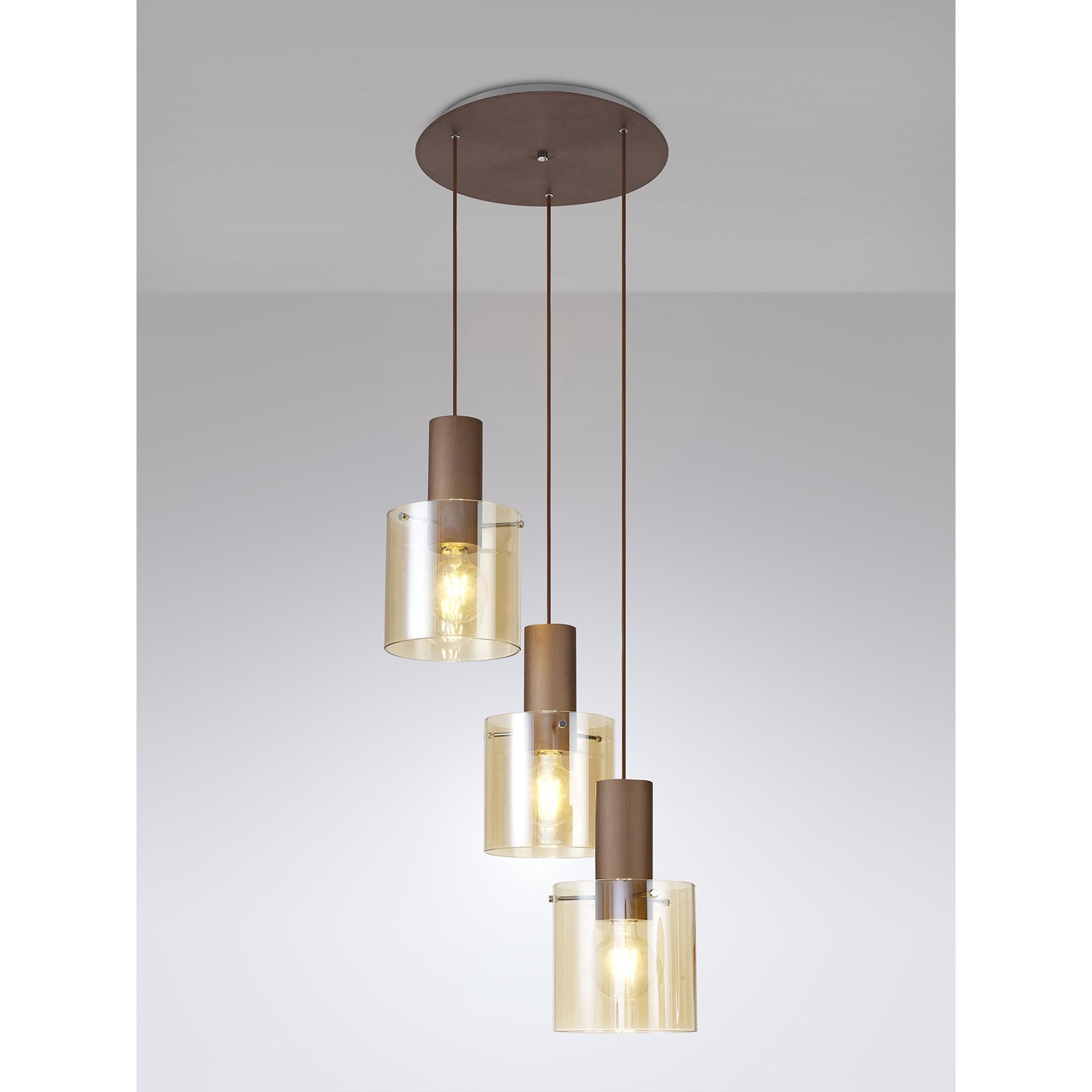 Fabula Kendon Adjustable 3 Light Round Pendant - Mocha & Amber Glass