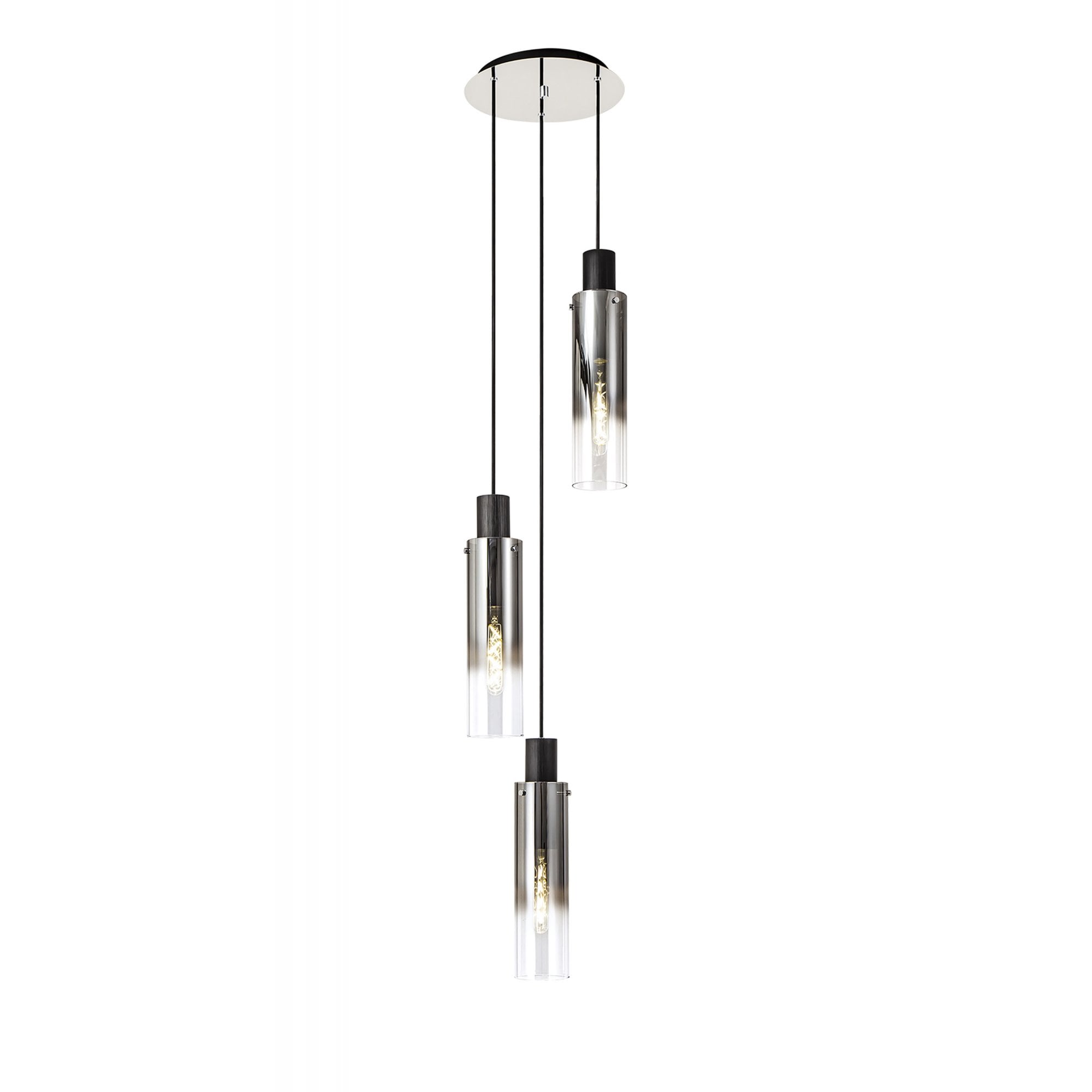 Fabula Kingfisher Adjustable 3 Light Round Pendant - Black & Smoke Fade Glass