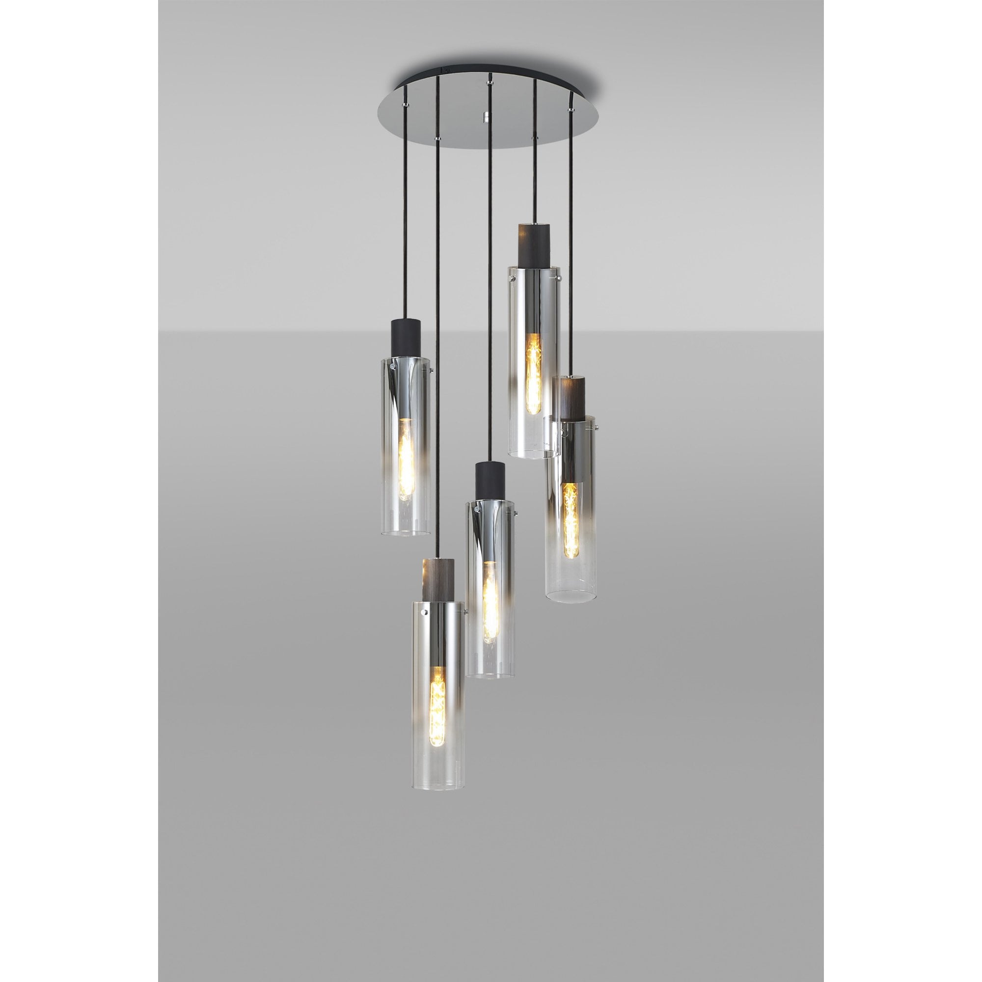 Fabula Kingfisher Adjustable 5 Light Round Pendant - Black & Smoke Fade Glass