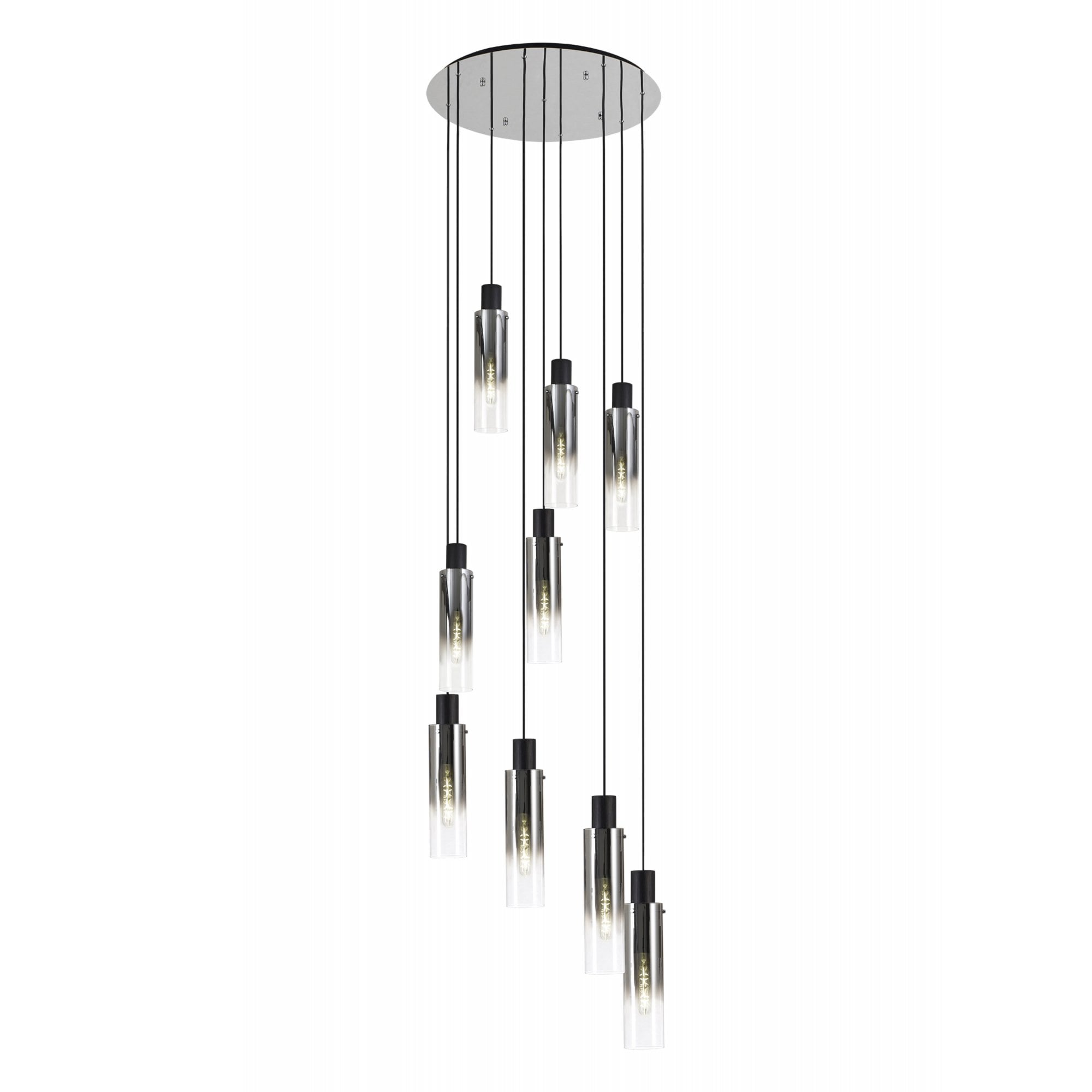 Fabula Kingfisher Adjustable 9 Light Round Pendant - Black & Smoke Fade Glass