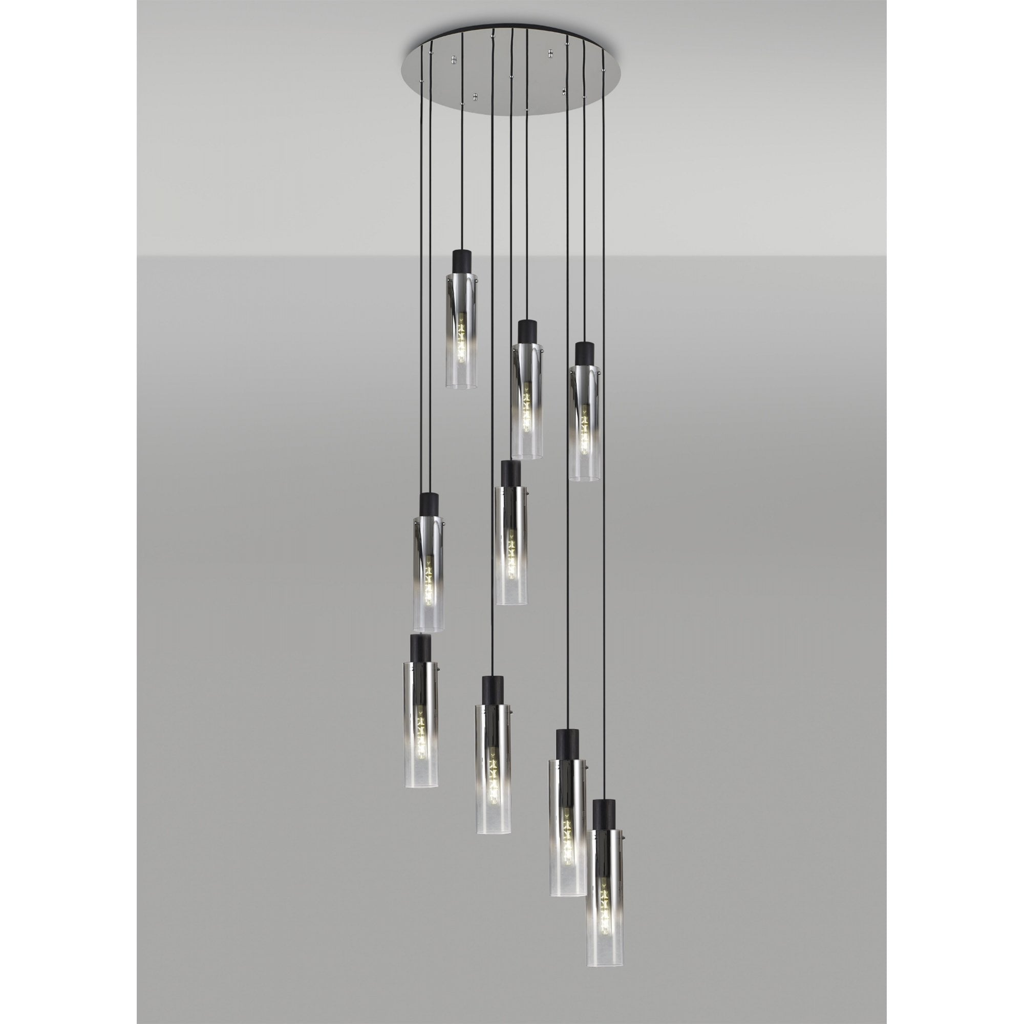 Fabula Kingfisher Adjustable 9 Light Round Pendant - Black & Smoke Fade Glass