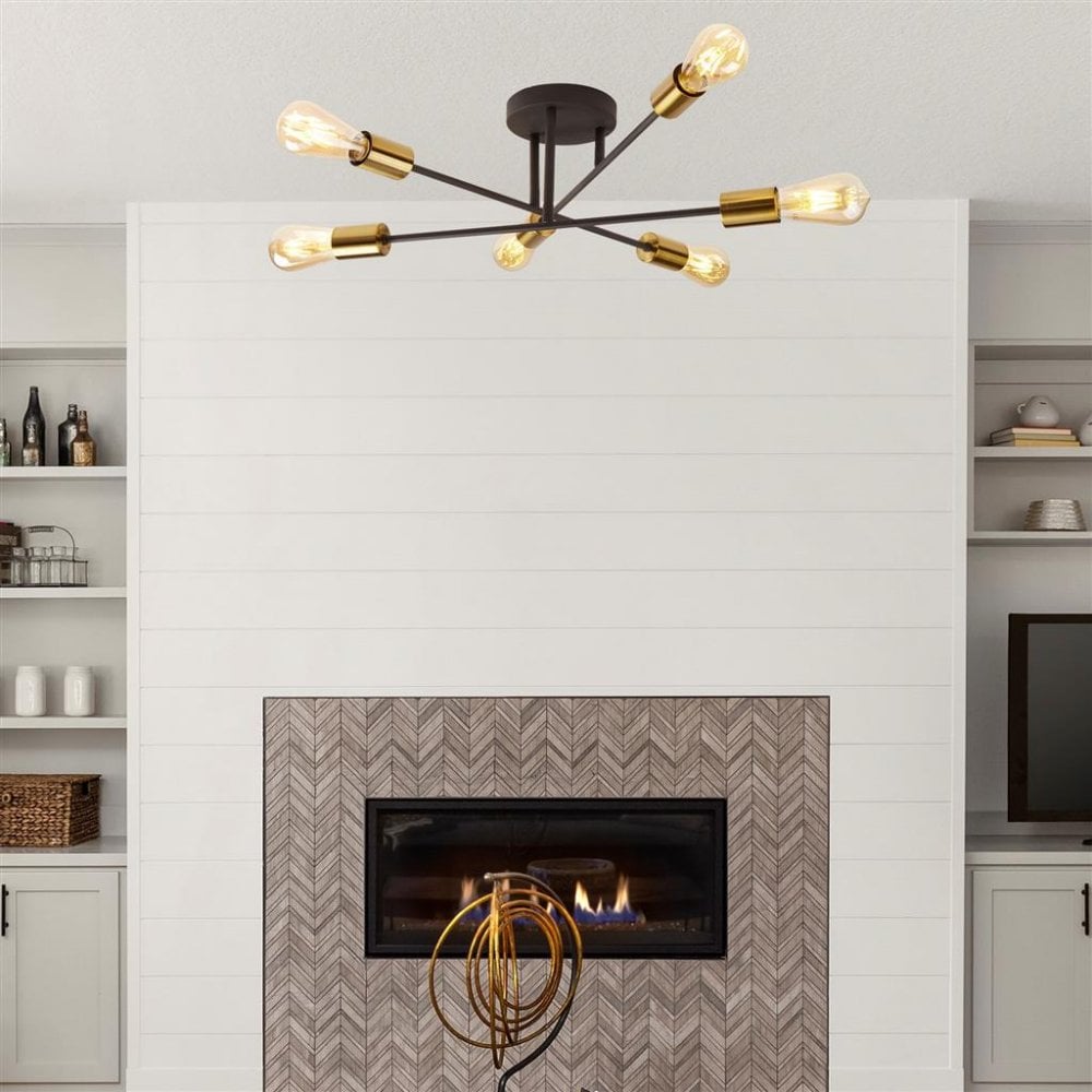 Searchlight Arctic 6 Light Ceiling Light - Black & Satin Brass