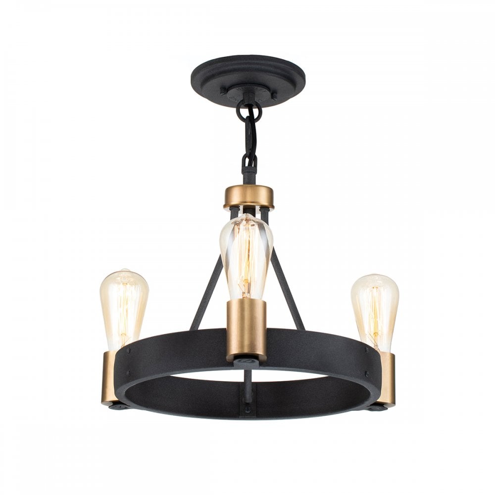 Quintiesse Silas 3 Light Pendant / Semi-Flush Fitting - Aged Zinc & Heritage Brass