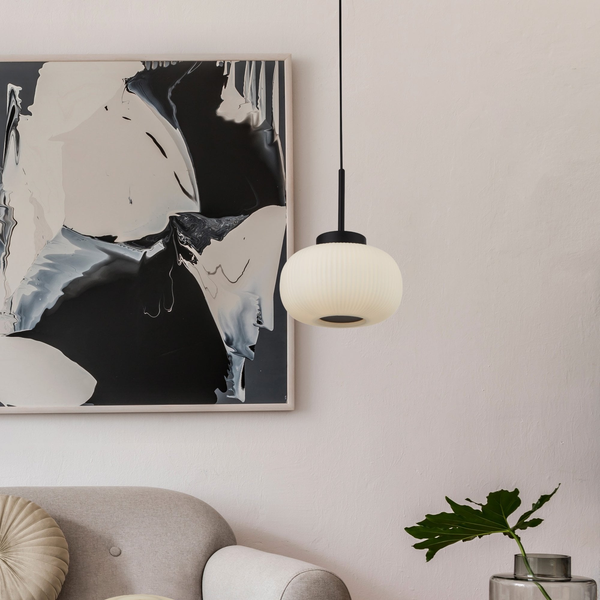 Searchlight Leopold Ceiling Pendant - Matt Black & Frosted Ribbed Glass