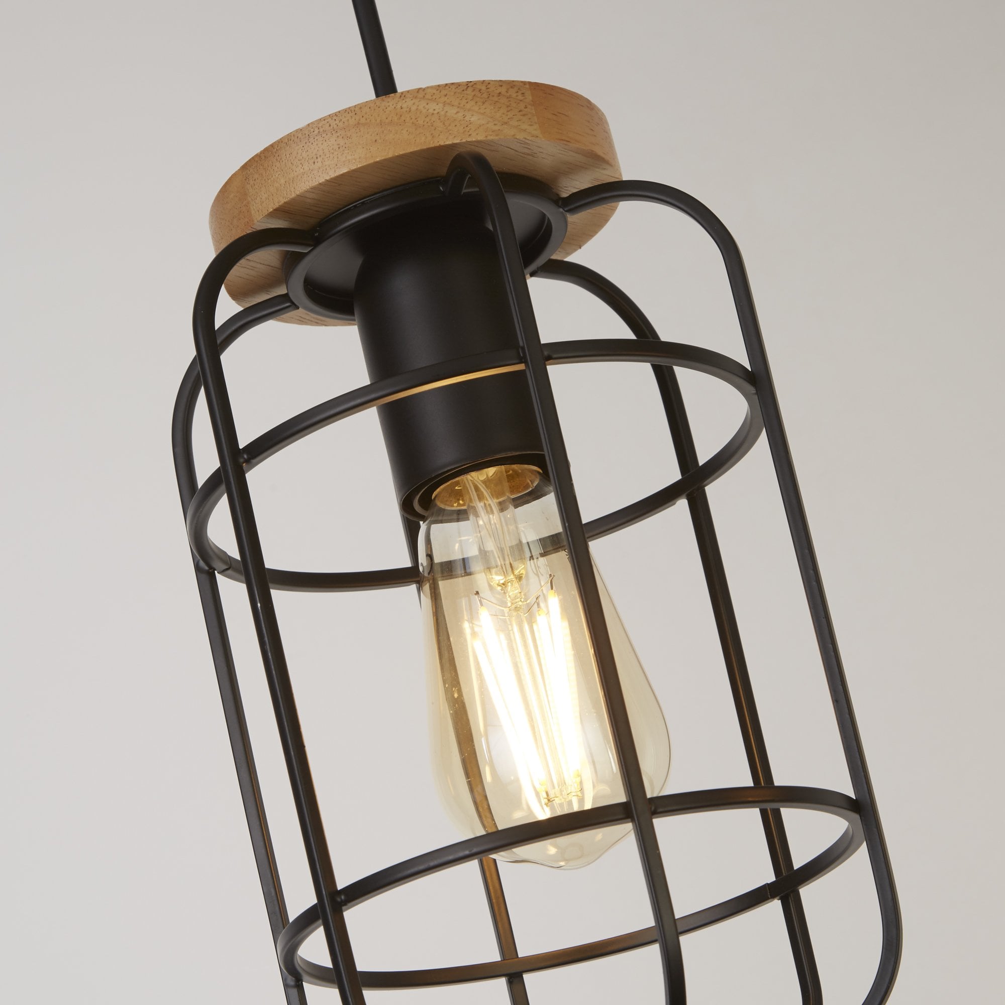 Searchlight Vermouth 3 Light Cage Bar Ceiling Pendant - Matt Black & Wood