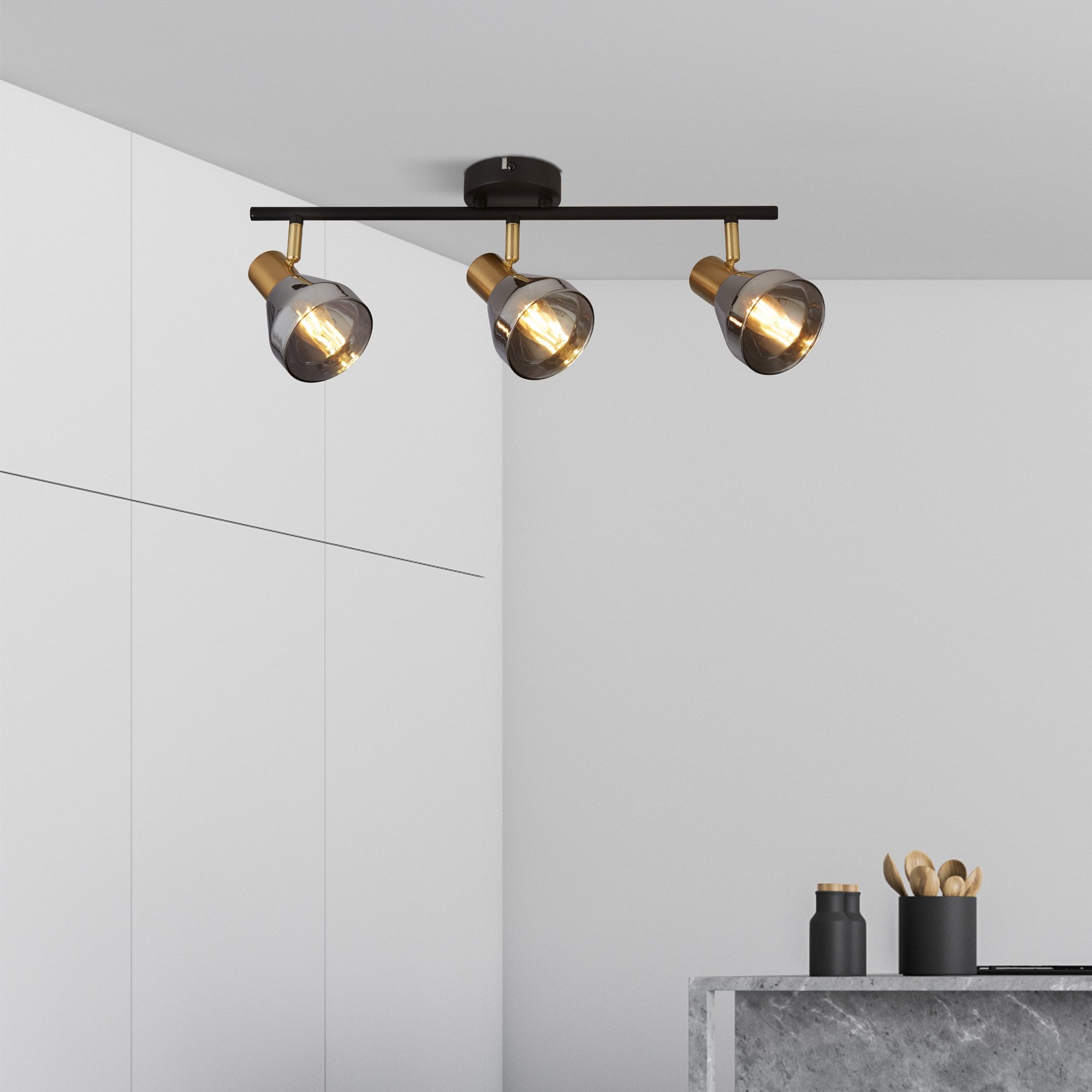 Searchlight Westfield 3 Light Spotlight- Black, Satin Brass & Smoked Glass