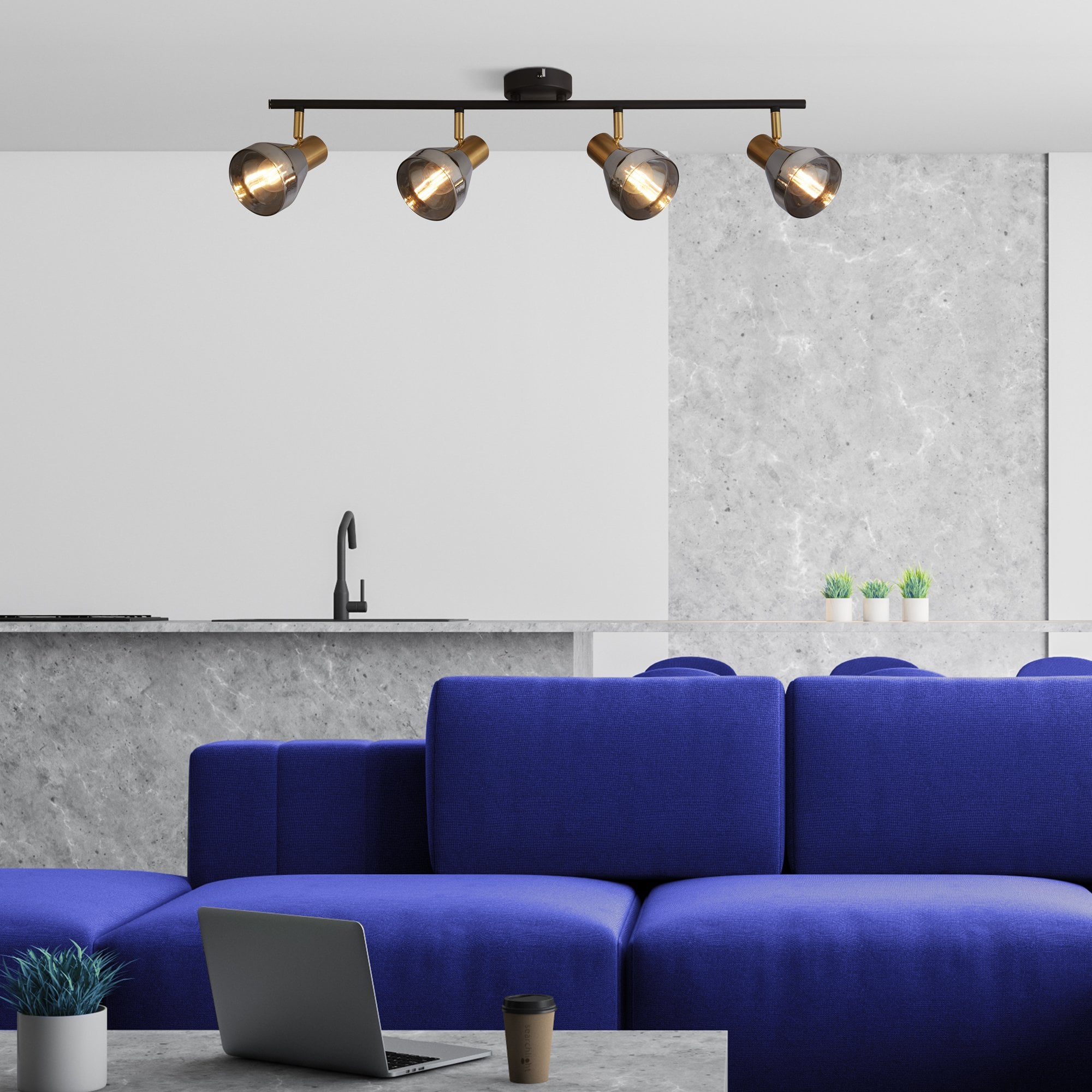 Searchlight Westfield 4 Light Spotlight- Black, Satin Brass & Smoked Glass