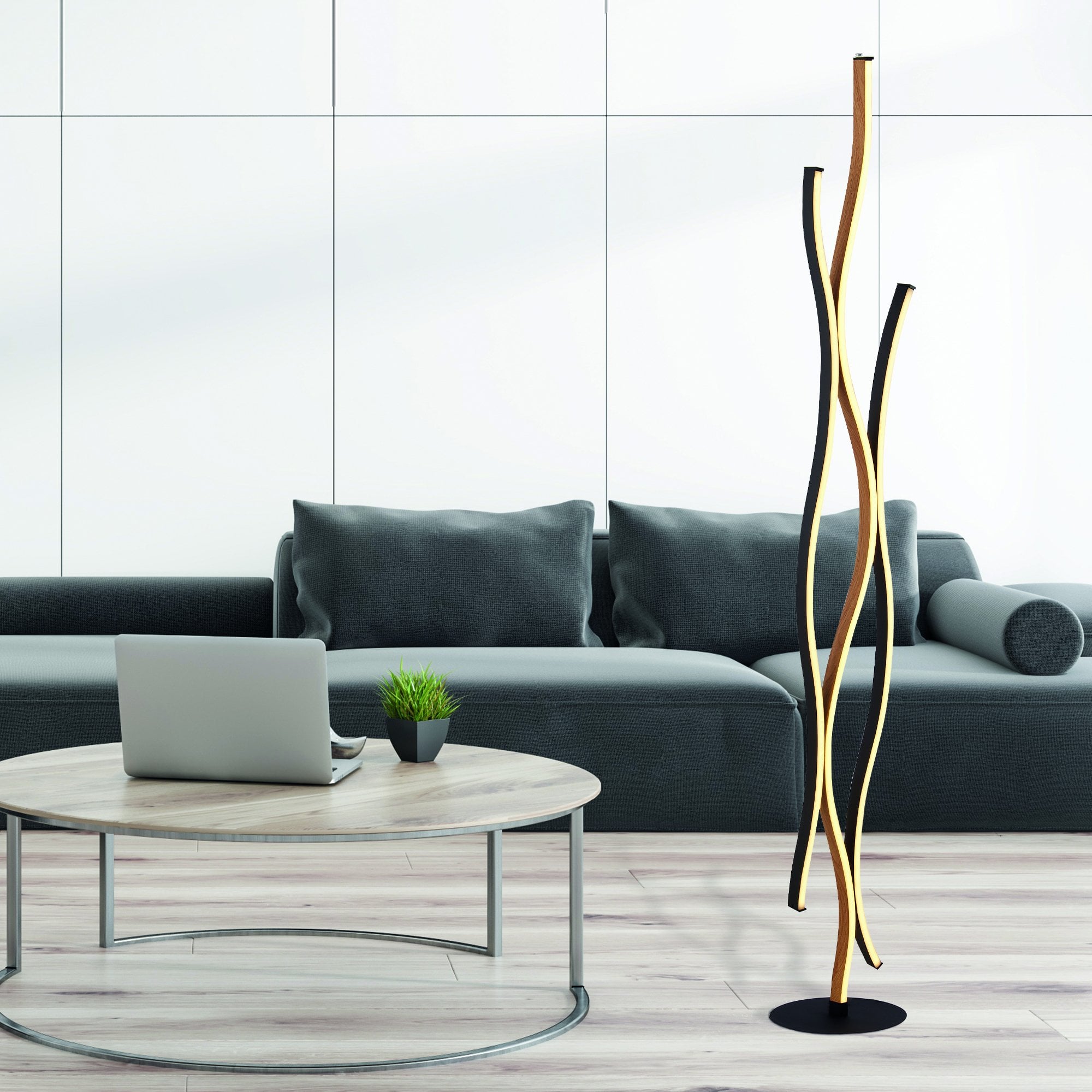 Searchlight Belmont Swirl LED Floor Lamp - Black With Wood Effect