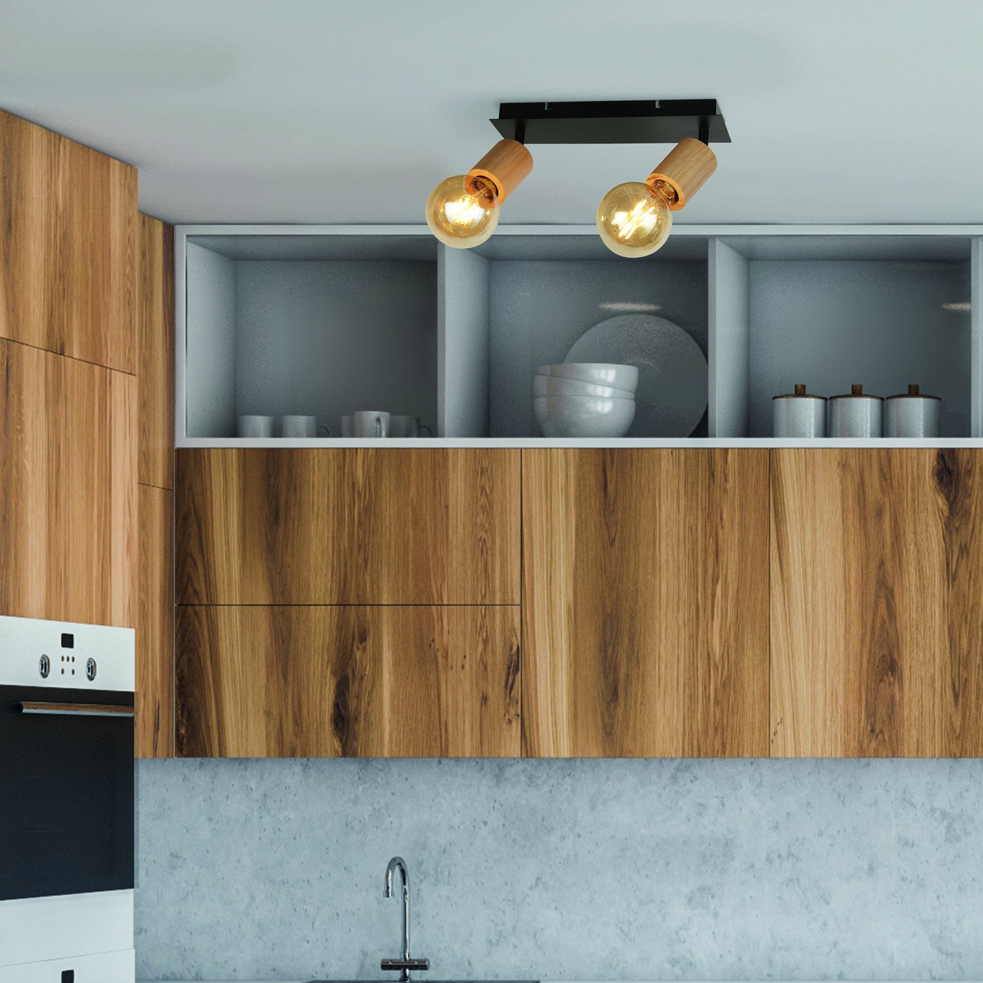 Searchlight South 2 Light Spotlight - Wood & Black Metal