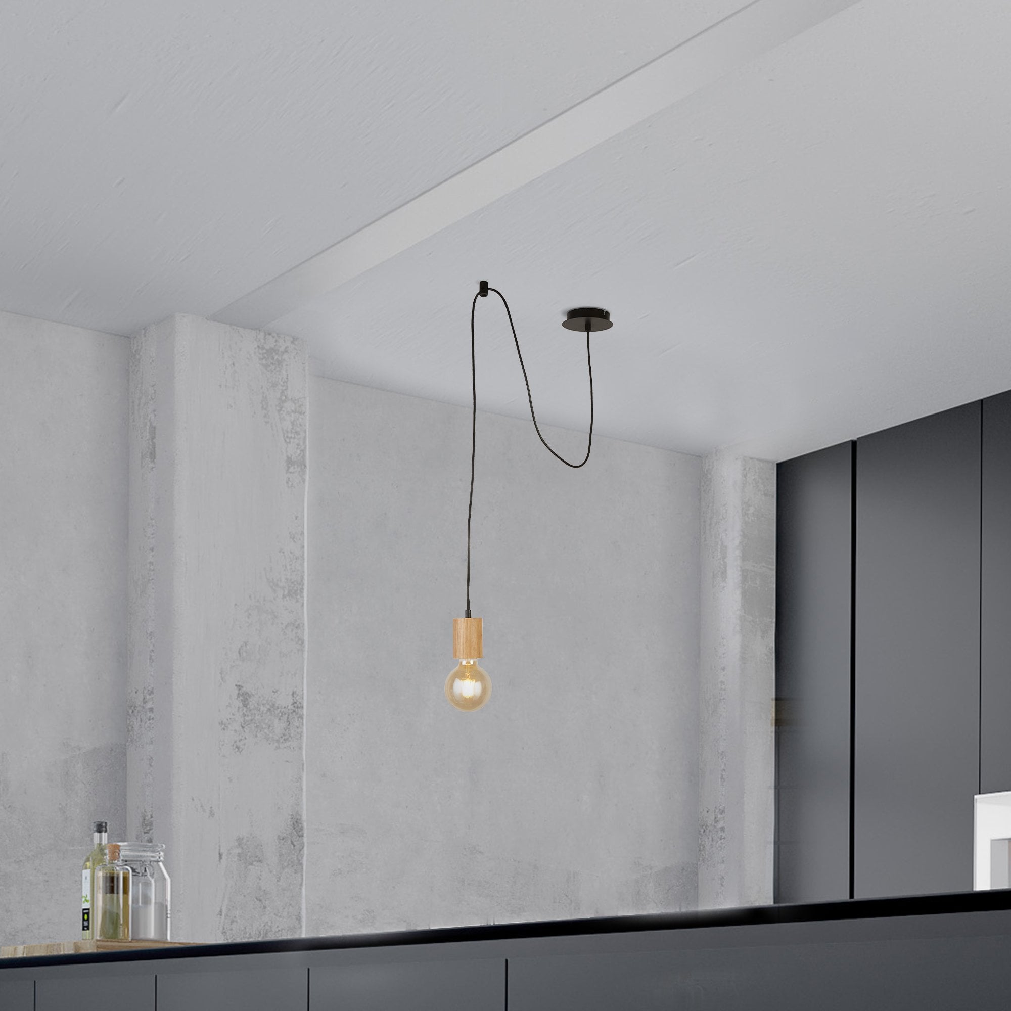 Searchlight South Ceiling Pendant - Wood & Black Metal