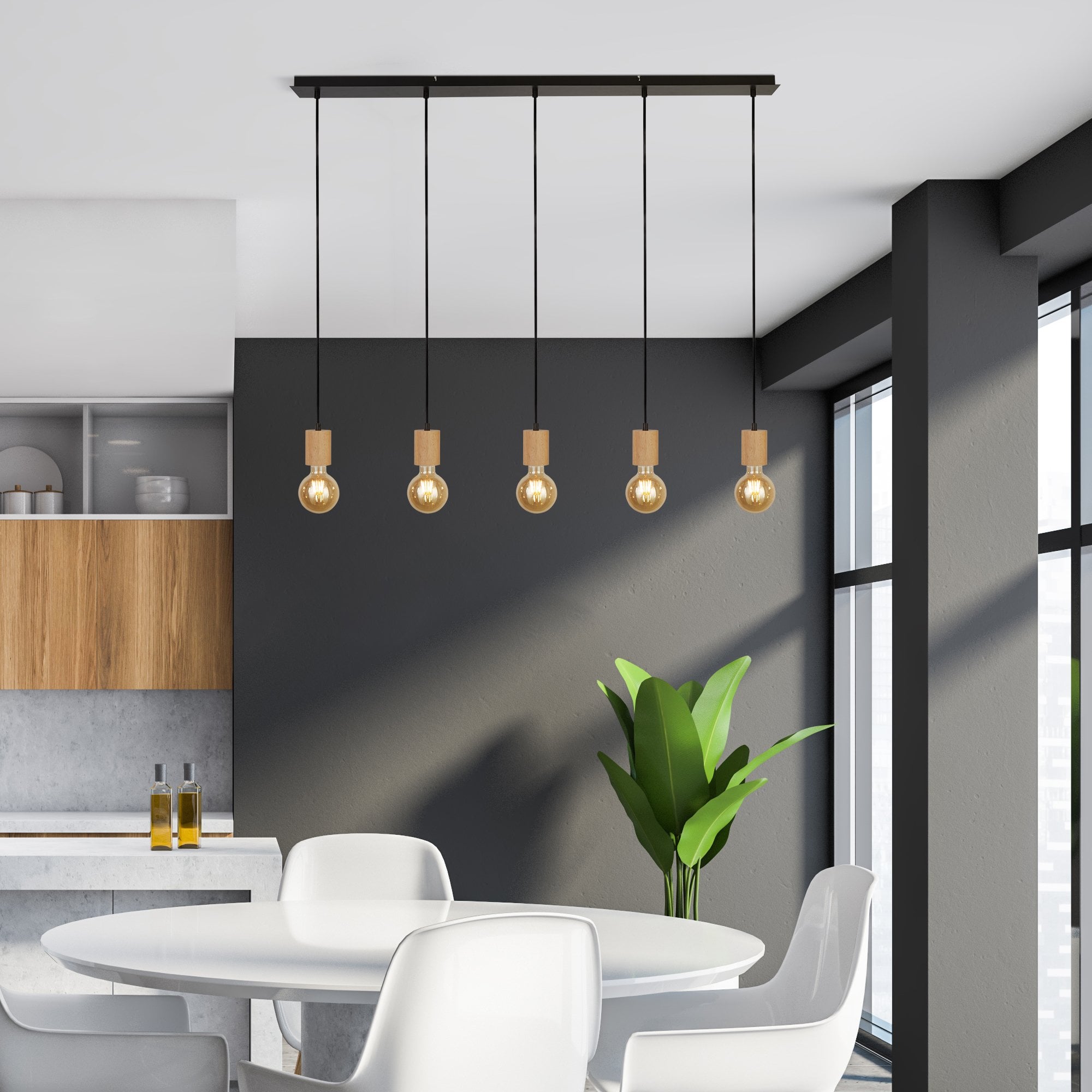 Searchlight South 5 Light Bar Ceiling Pendant- Wood & Black Metal