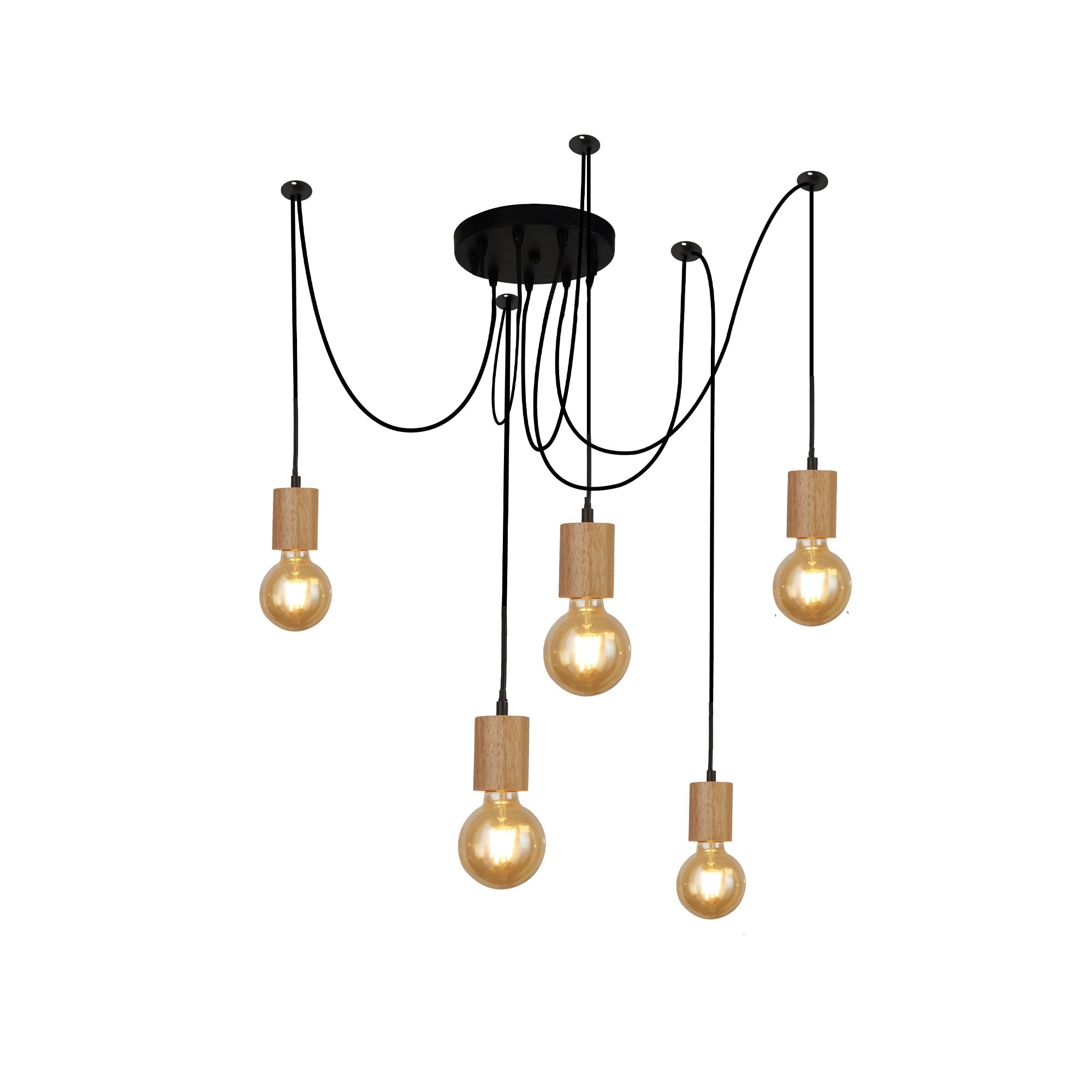 Searchlight South 5 Light Ceiling Pendant - Wood & Black Metal