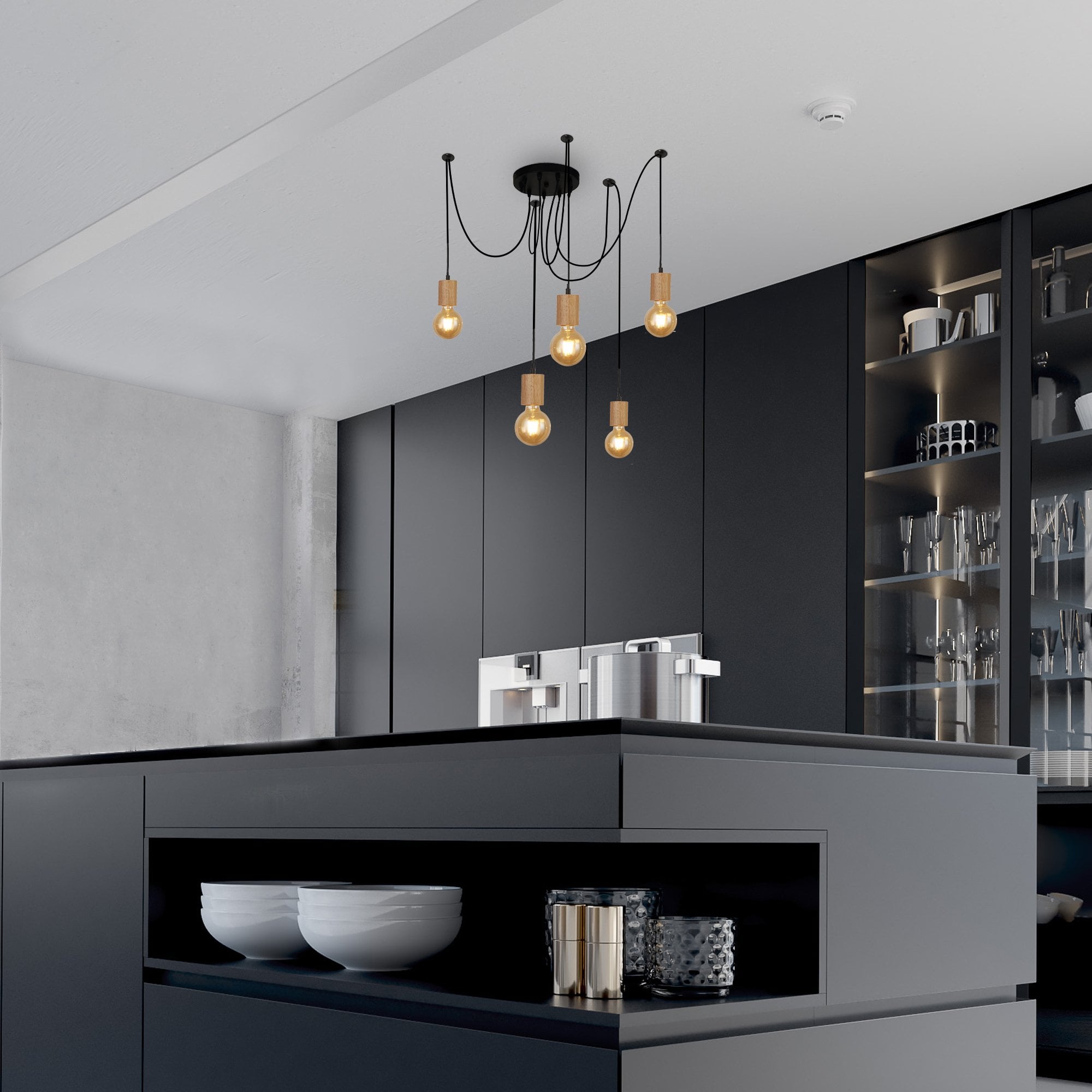 Searchlight South 5 Light Ceiling Pendant - Wood & Black Metal