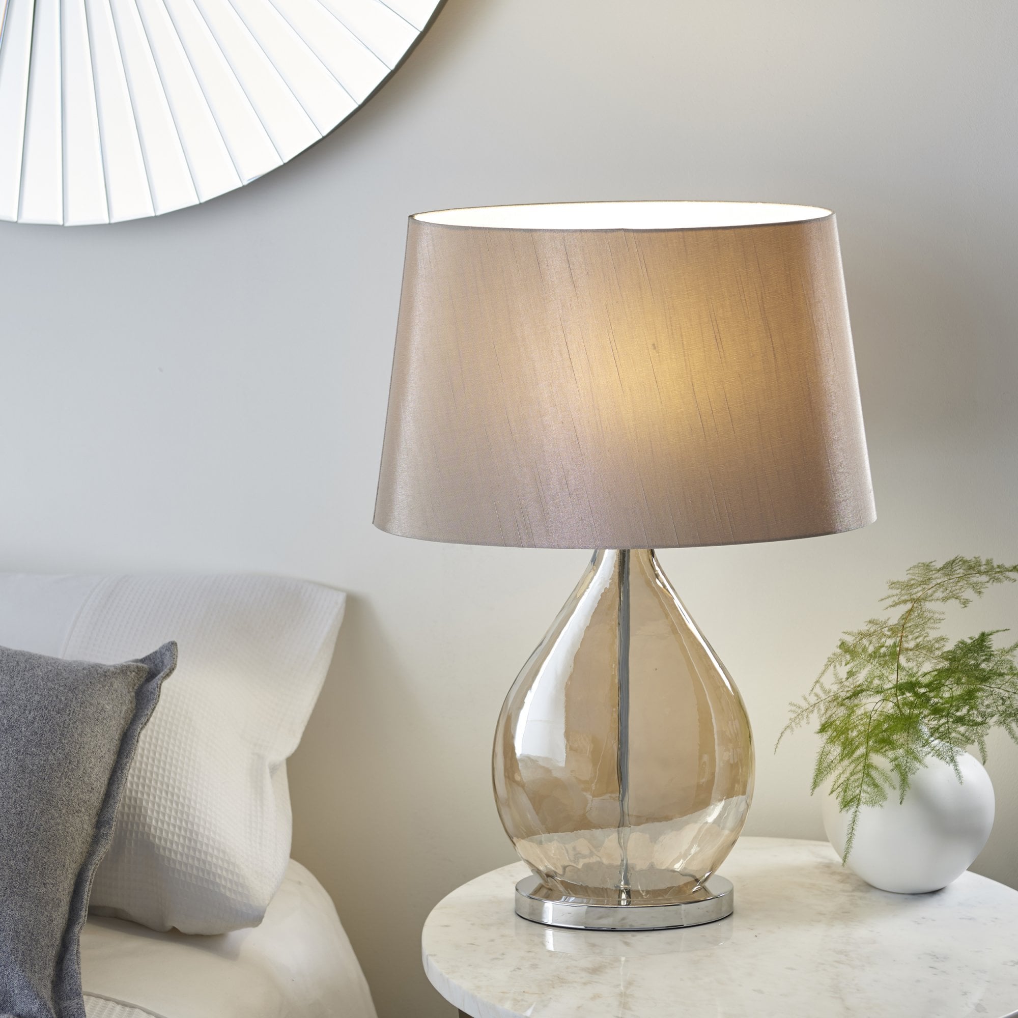Endon Kew Single Light Table Lamp - Gold Tinted Glass & Mink Fabric