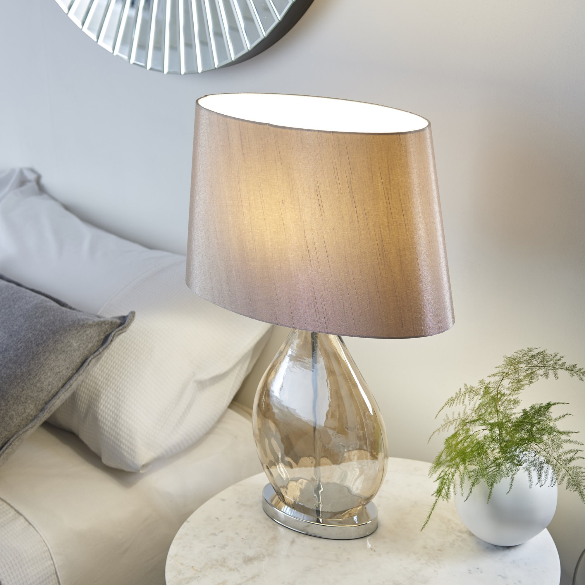Endon Kew Single Light Table Lamp - Gold Tinted Glass & Mink Fabric