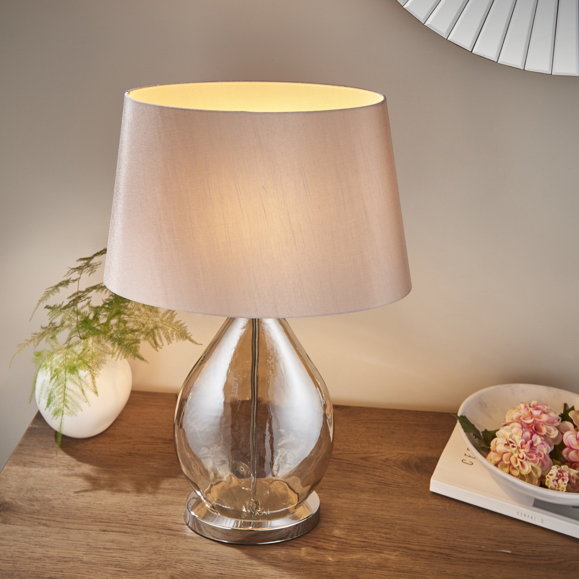 Endon Kew Single Light Table Lamp - Gold Tinted Glass & Mink Fabric
