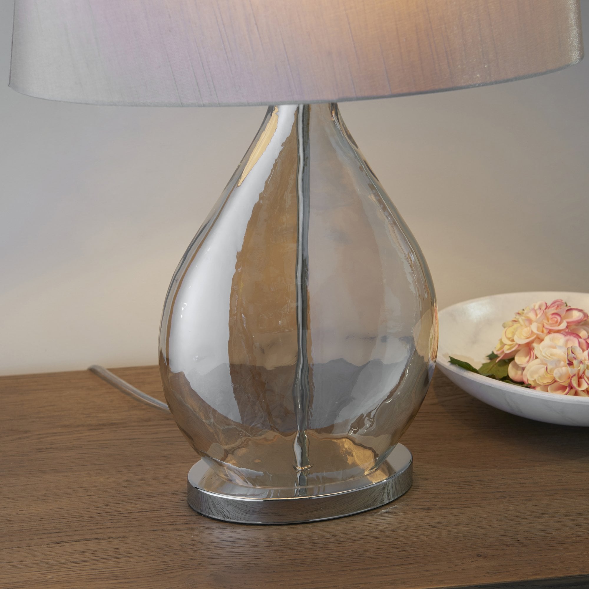 Endon Kew Single Light Table Lamp - Gold Tinted Glass & Mink Fabric