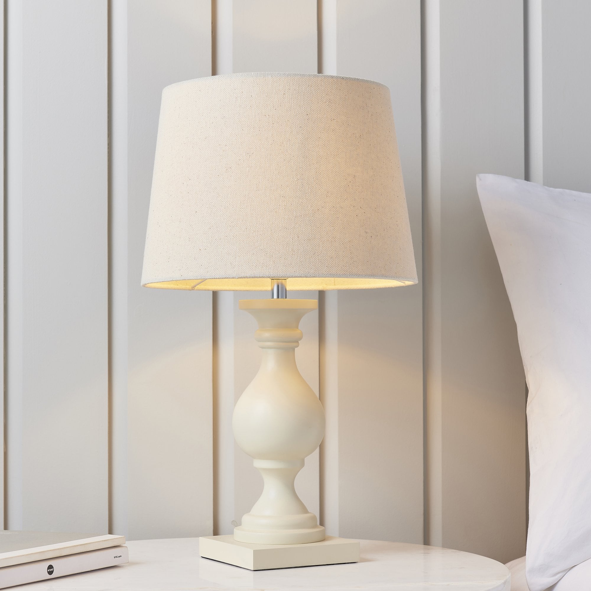 Endon Marsham Single Light Table Lamp - Ivory Painted Wood & Ivory Fabric