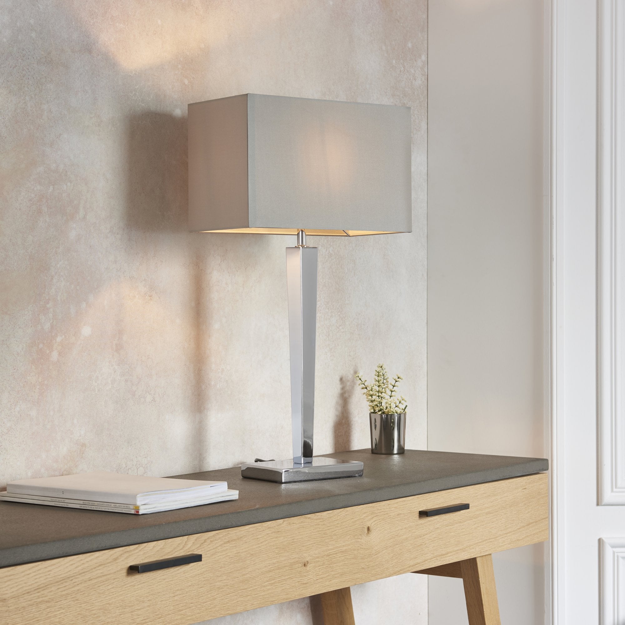 Endon Moreto Single Light Table Lamp  - Chrome Plate & Grey & Silver Fabric