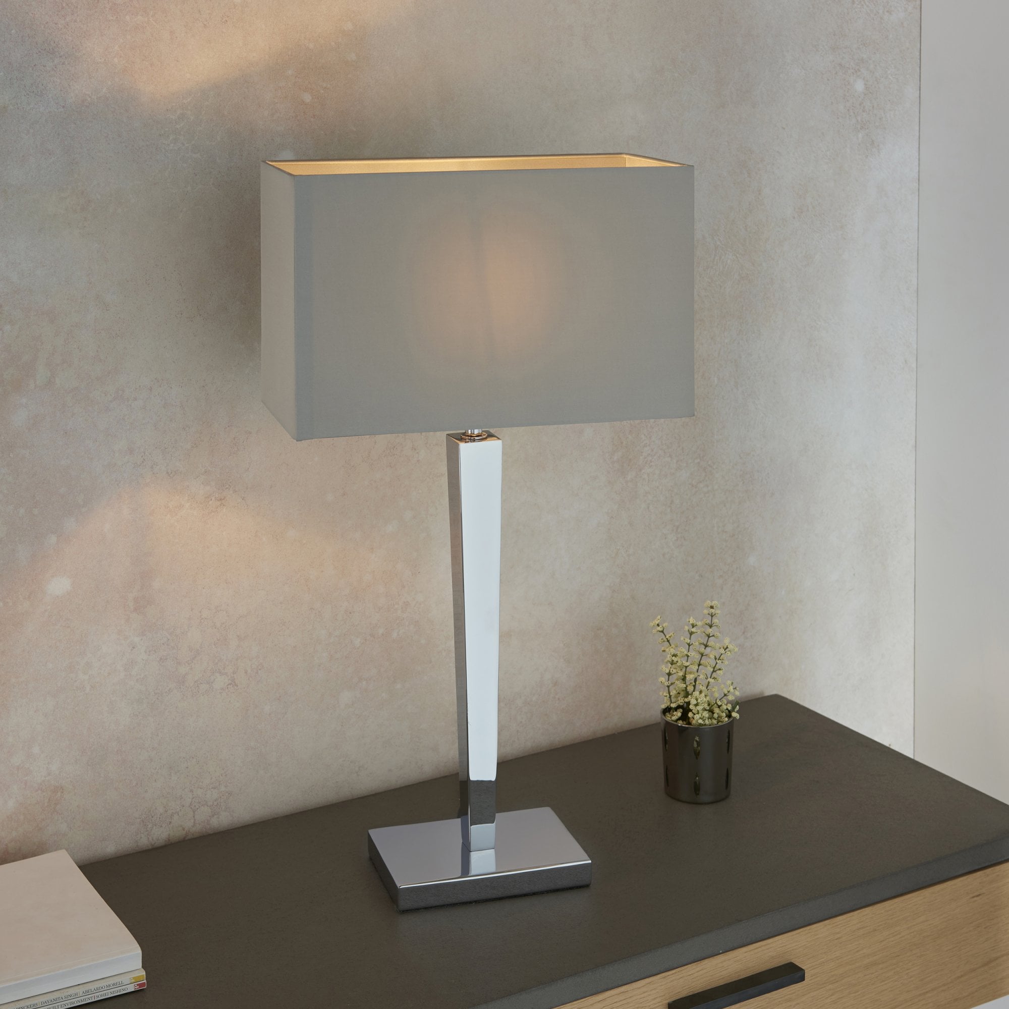 Endon Moreto Single Light Table Lamp  - Chrome Plate & Grey & Silver Fabric