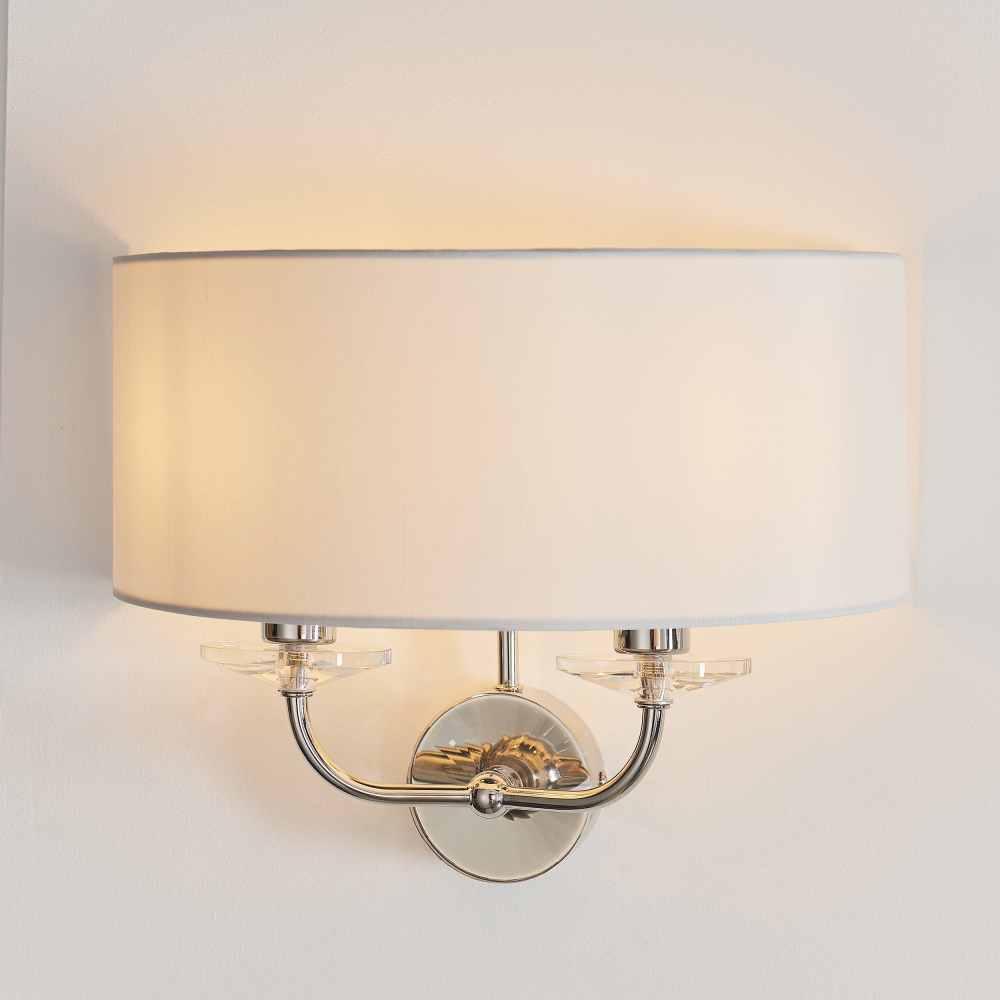 Endon Nixon 2 Light Wall Light - Bright Nickel Plate & Vintage White Fabric