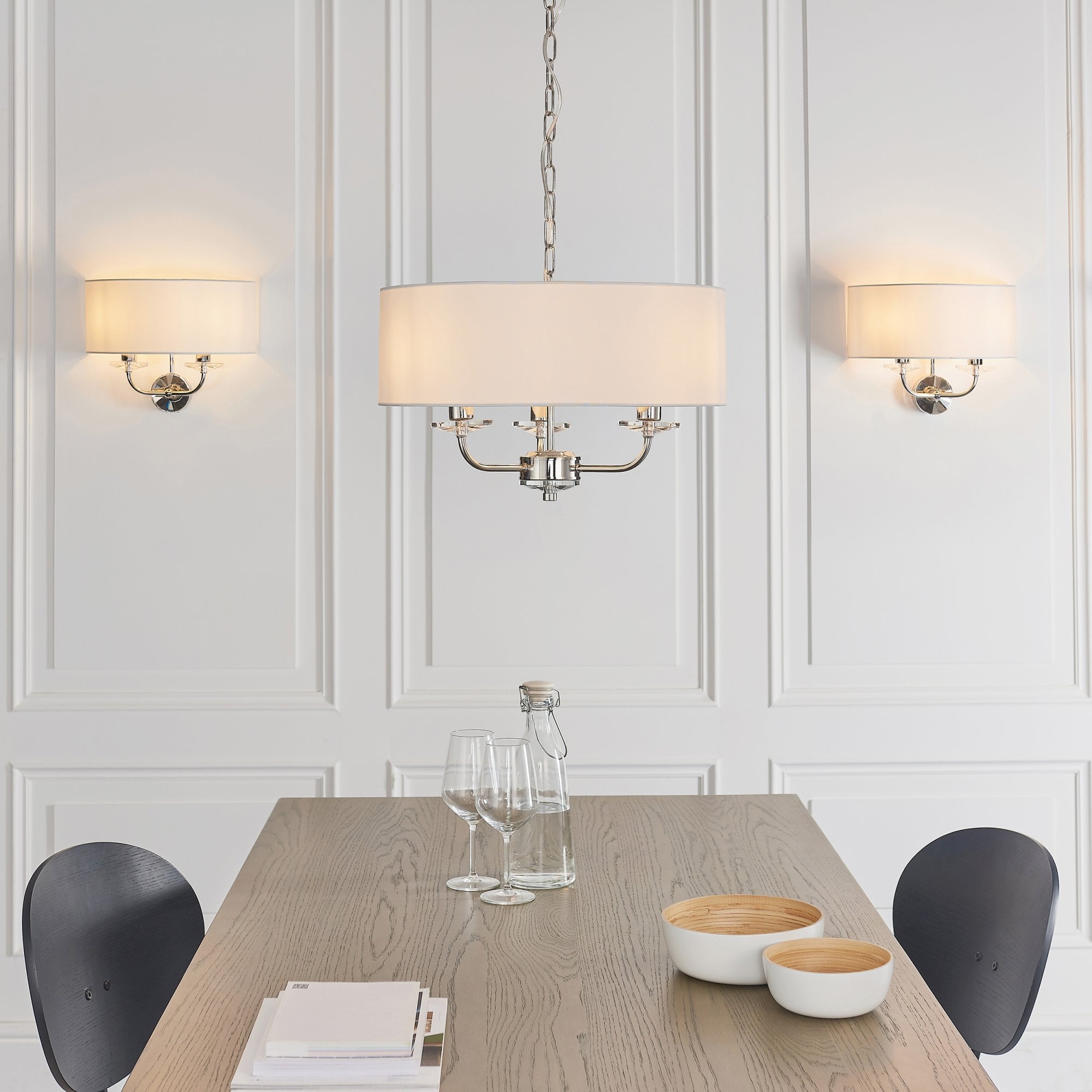 Endon Nixon 3 Light Pendant - Bright Nickel Plate & Vintage White Fabric