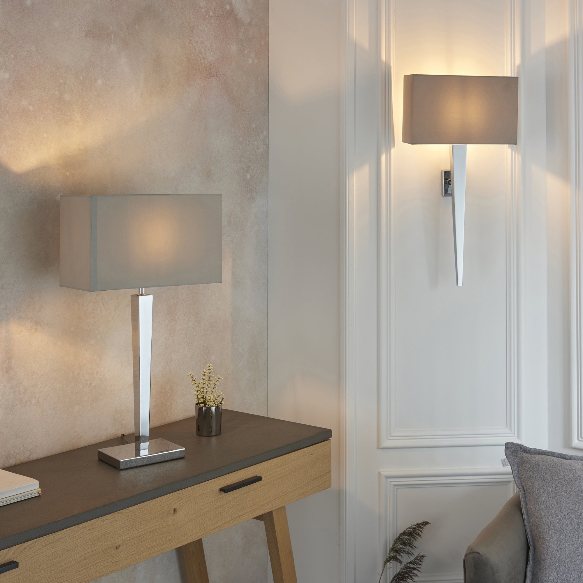 Endon Moreto Single Light Wall Light  - Chrome Plate & Grey & Silver Fabric