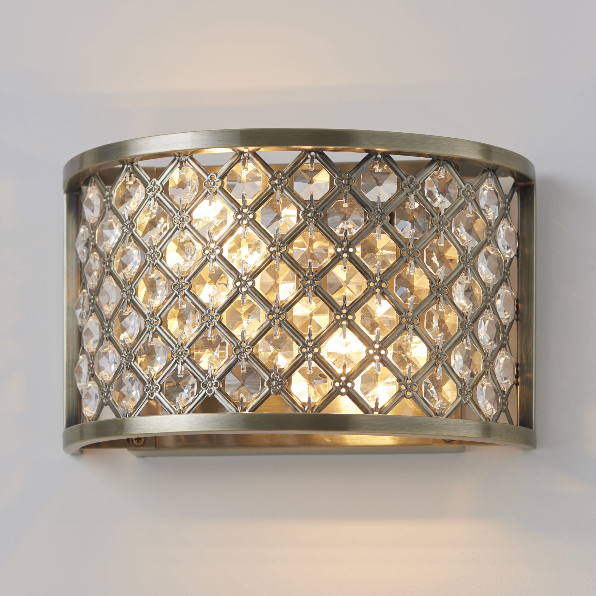 Endon Hudson 2 Light Wall Light - Antique Brass Plate & Clear Crystal