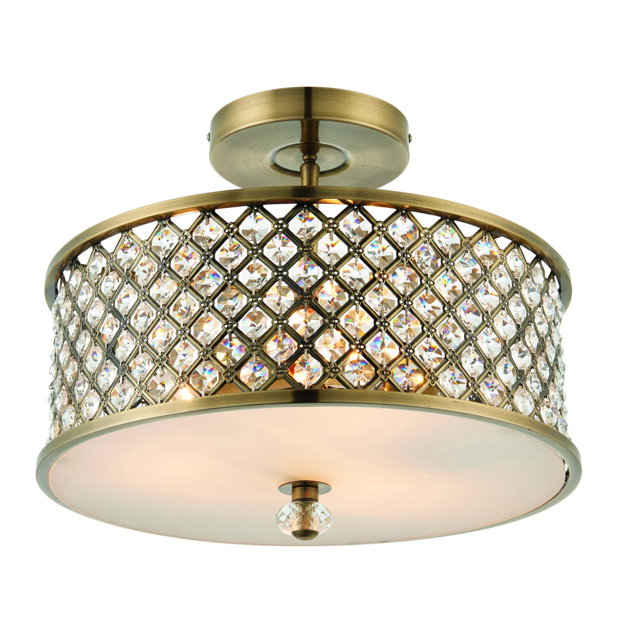 Endon Hudson 3 Light Flush Fitting - Antique Brass Plate & Clear Crystal