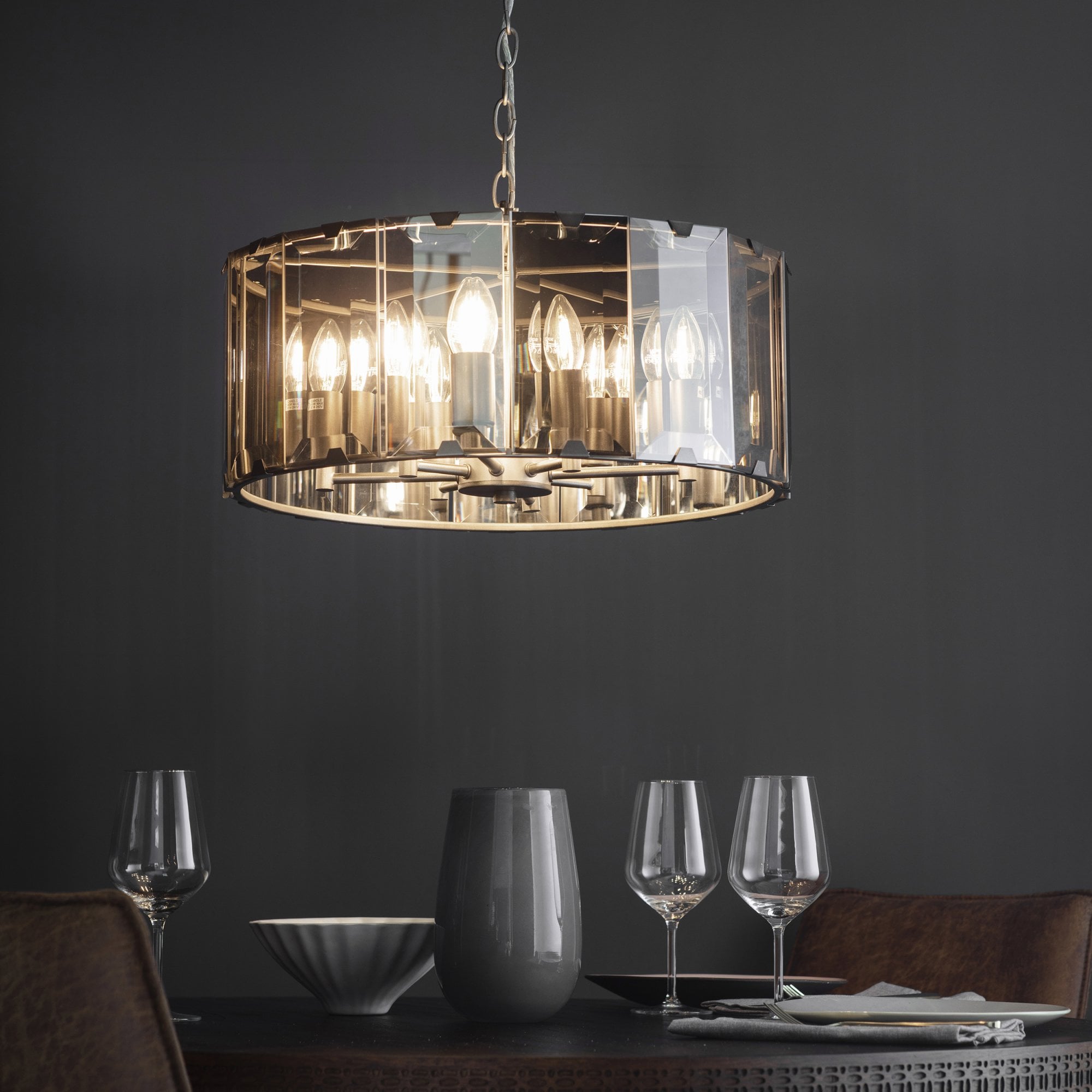 Endon Clooney 8 Light Pendant - Matt Grey & Silver & Smoked Bevelled Glass