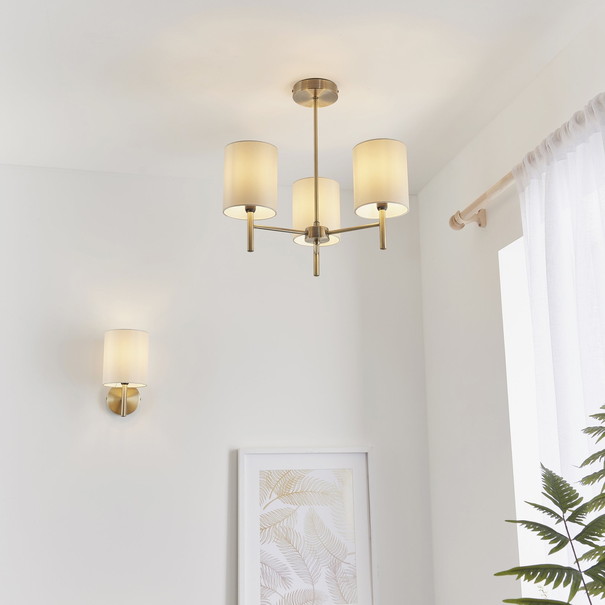 Endon Brio 3 Light Semi Flush Fitting - Antique Brass Plate & Cream Fabric