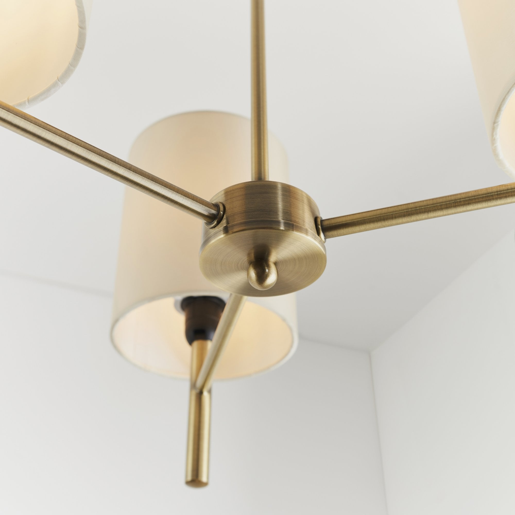 Endon Brio 3 Light Semi Flush Fitting - Antique Brass Plate & Cream Fabric