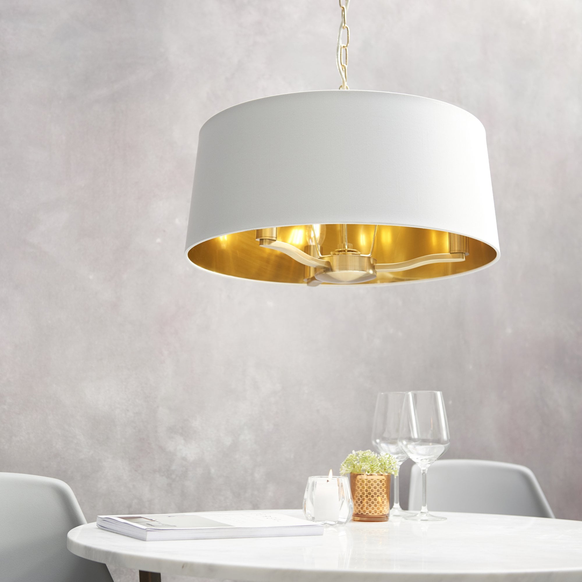 Endon Harvey 3 Light Pendant - Brushed Gold & Vintage White Faux Silk