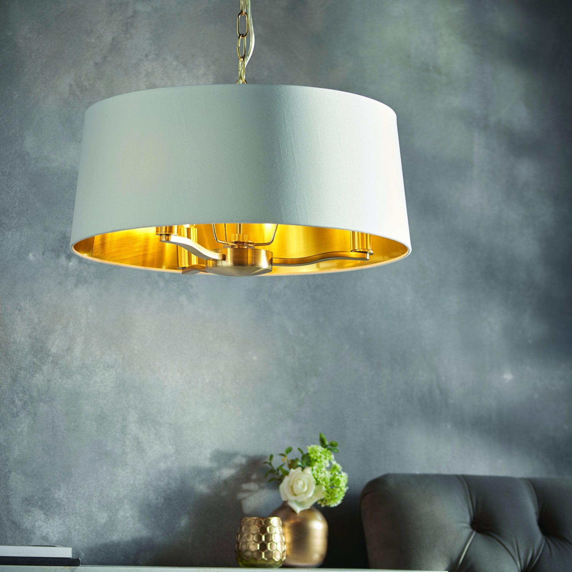 Endon Harvey 3 Light Pendant - Brushed Gold & Vintage White Faux Silk