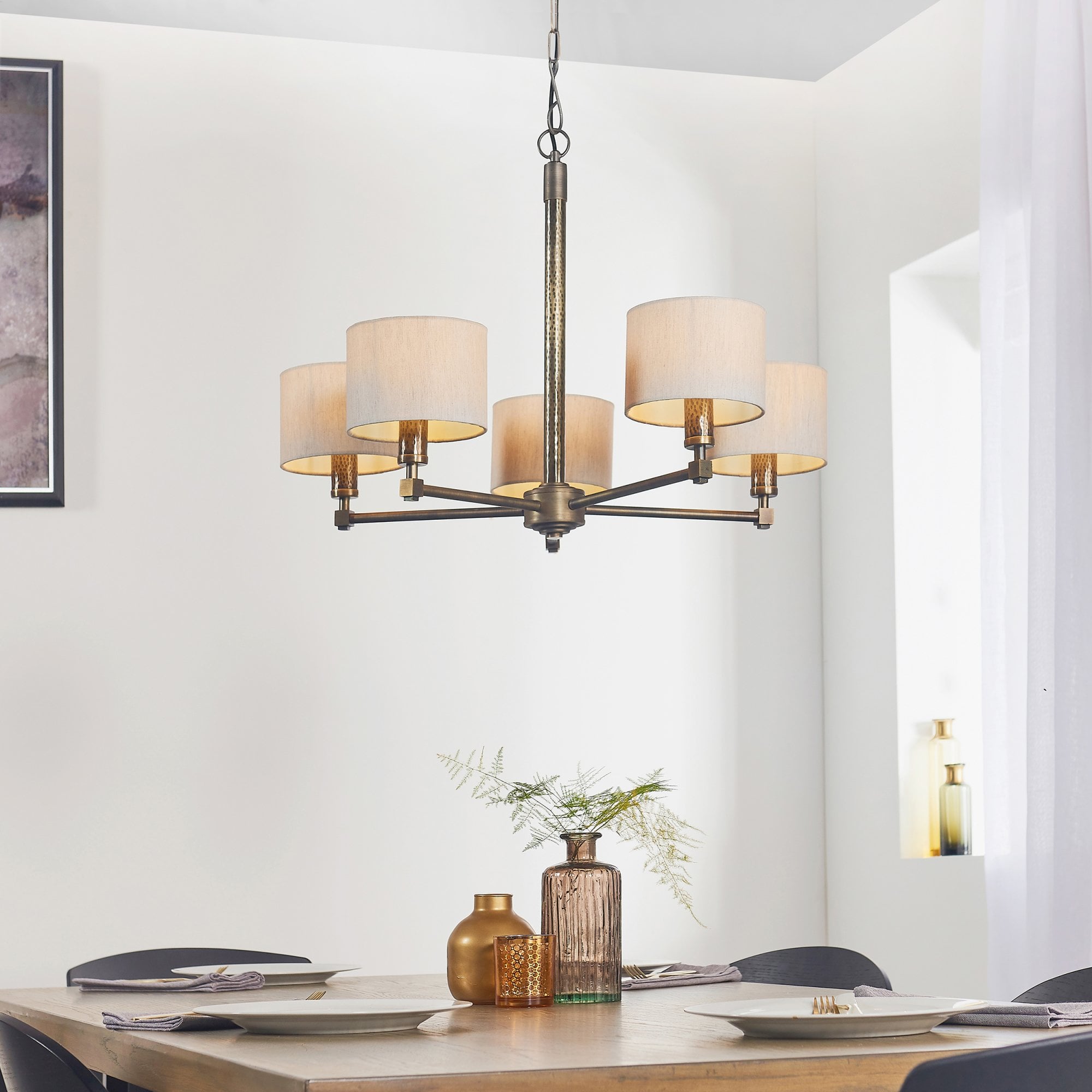 Endon Indara 5 Light Pendant - Hammered Bronze Plate & Neutral Linen Mix Fabric