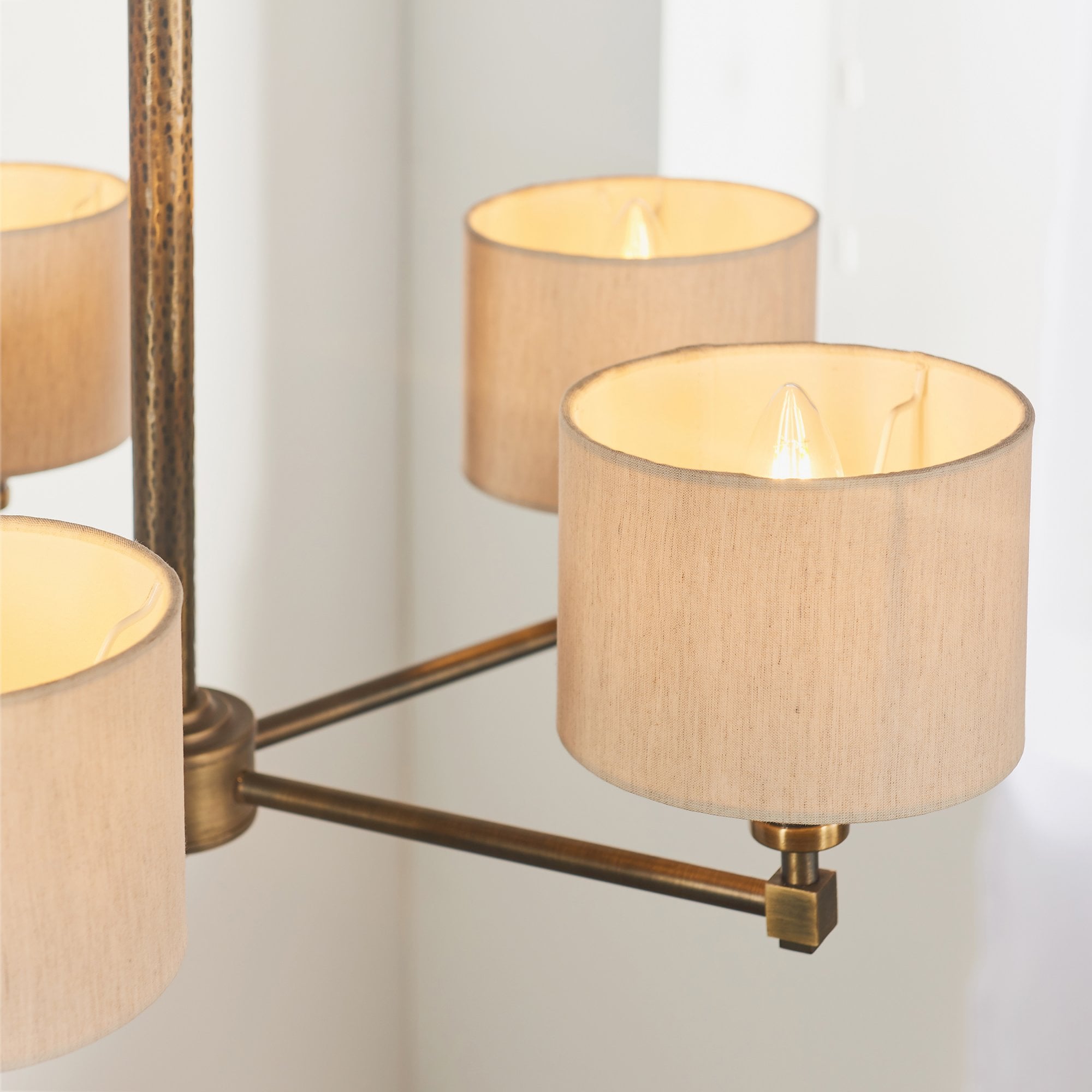 Endon Indara 5 Light Pendant - Hammered Bronze Plate & Neutral Linen Mix Fabric