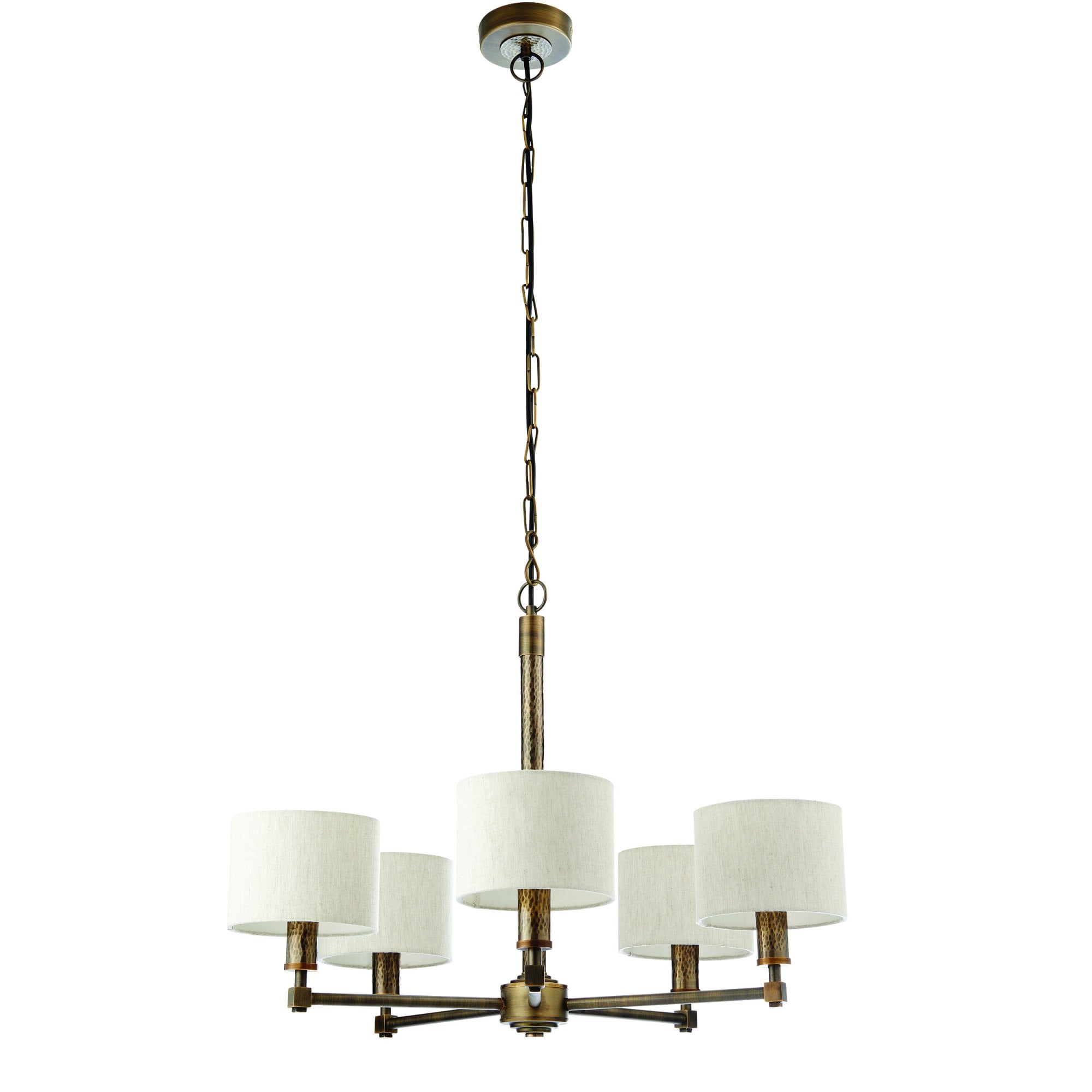 Endon Indara 5 Light Pendant - Hammered Bronze Plate & Neutral Linen Mix Fabric